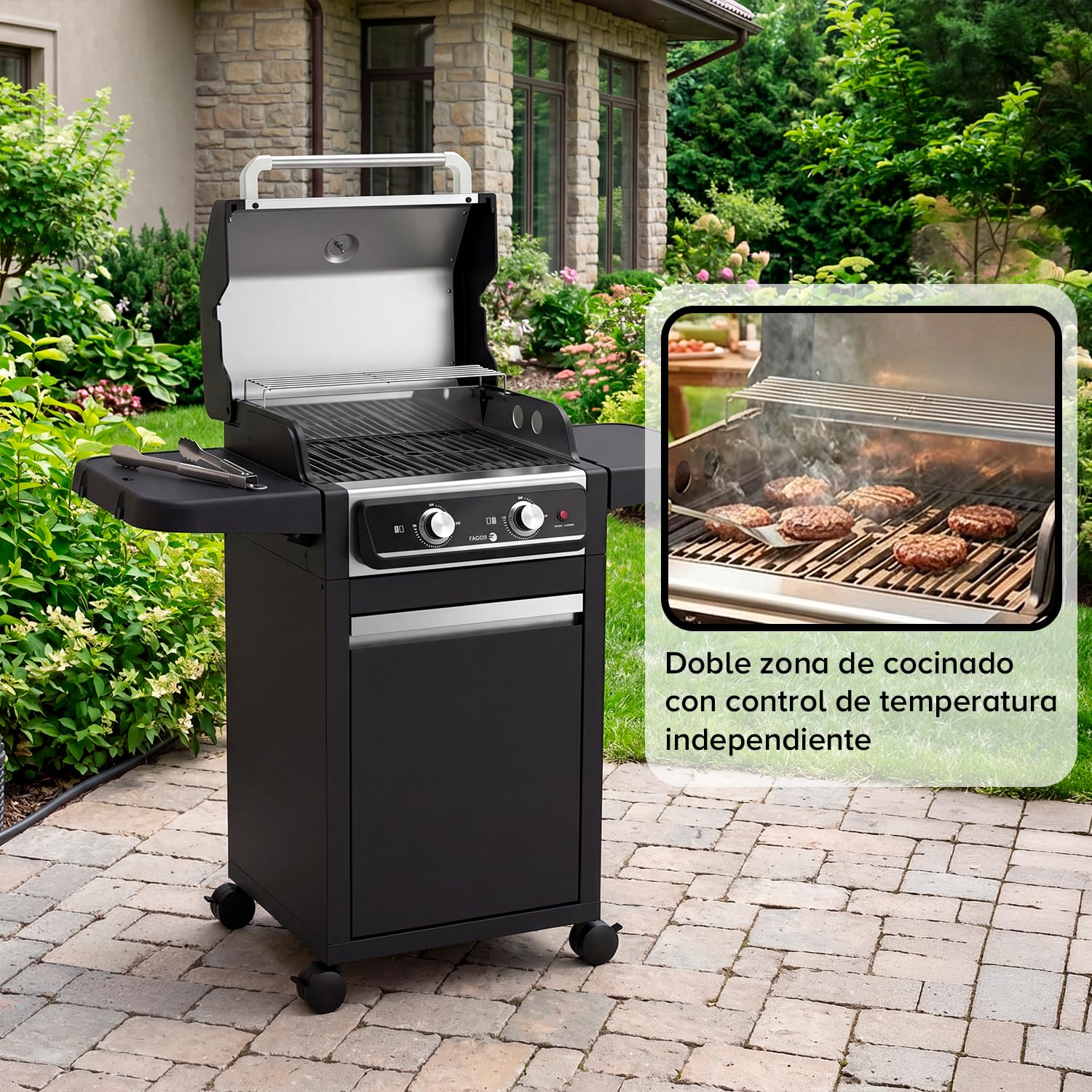 FAGOR BBQ Force Grill Barbacoa Eléctrica 3000W Exterior e Interior con Patas y Armario, Temperatura 330ºC, Doble Zona Cocinado, Sin Humo, Gran Superficie, Limpieza Fácil, Negro