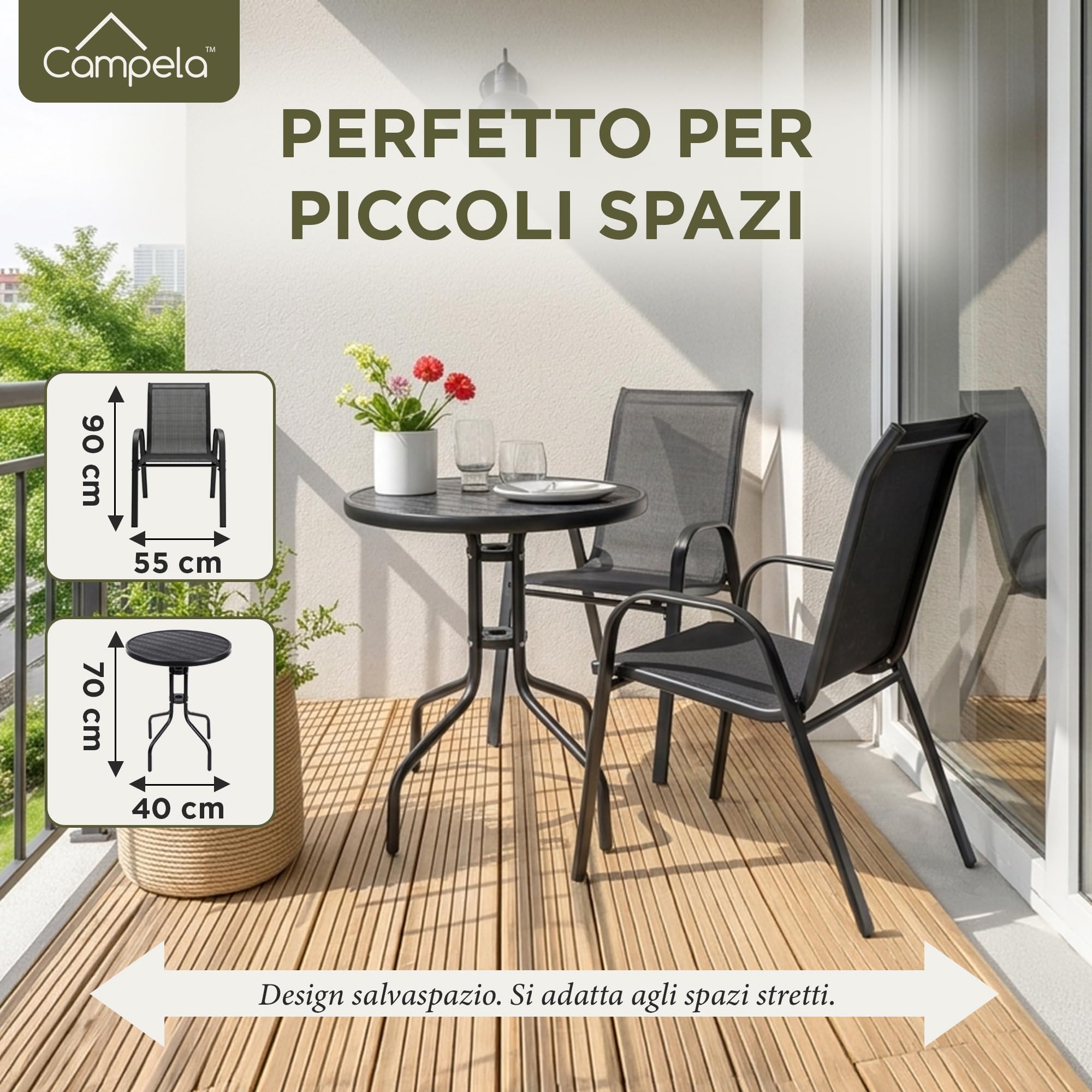 CA1045 Set bistrot da balcone – Tavolo rotondo con 2 sedie impilabili – Struttura in acciaio verniciato, sedute in textilene – Per esterni, grigio scuro