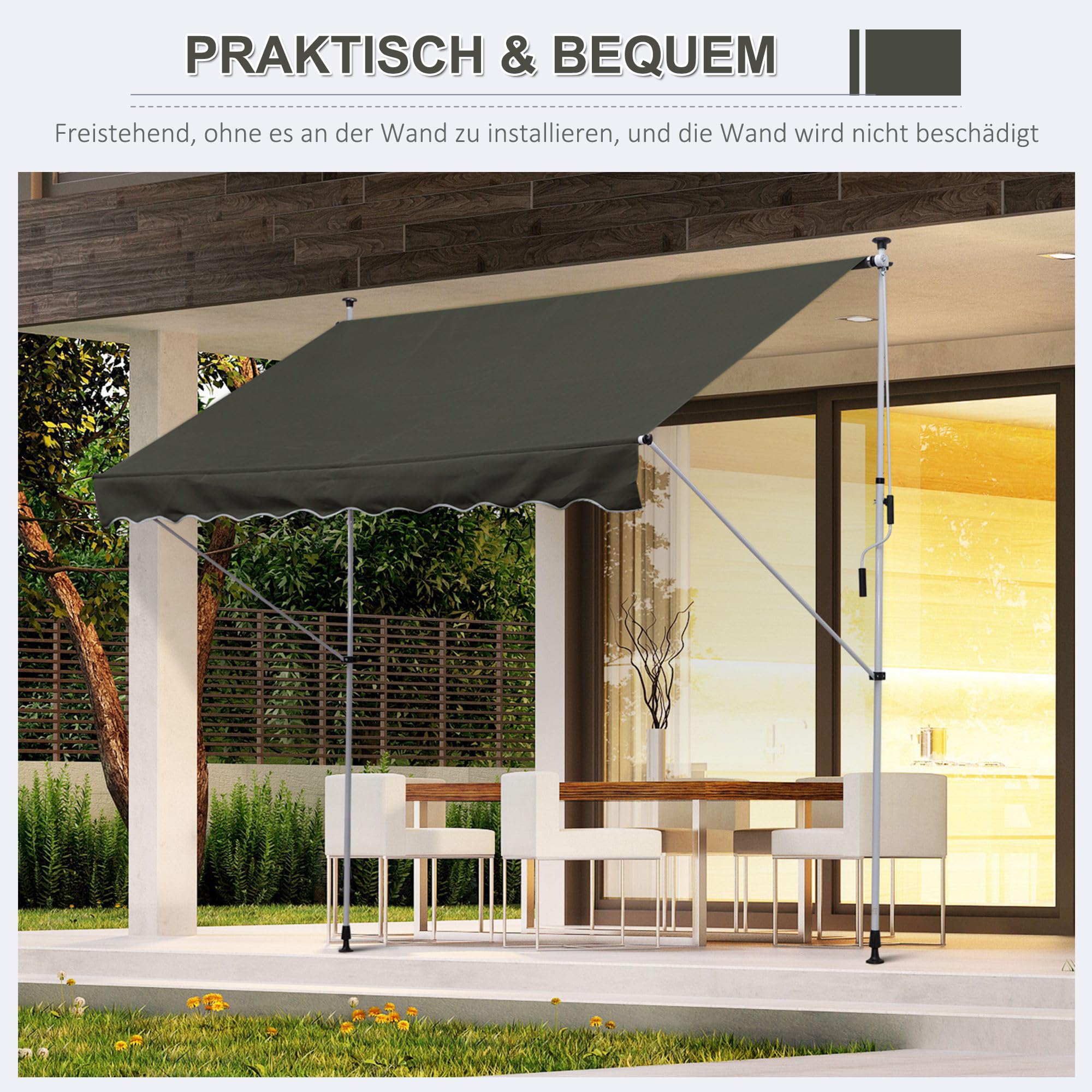 Outsunny Klemmmarkise mit Handkurbel höhenverstellbar Gelenkarmmarkise schmutzabweisend, witterungsbeständig Balkonmarkise 150cm breit Terrassenmarkise für Terrasse Balkon Veranda Grau