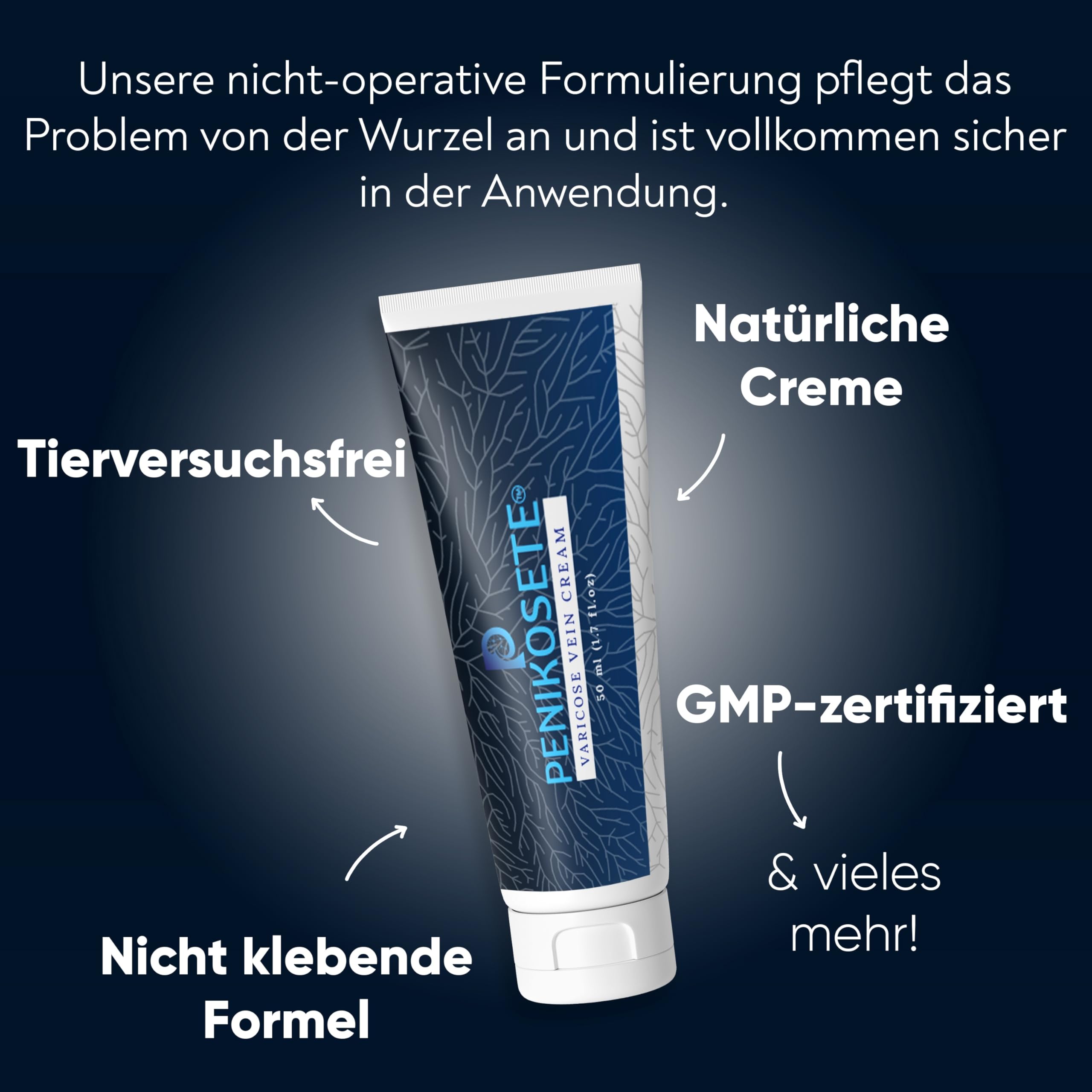 PENIKOSETE Venenpflegecreme | Ayurvedische Formel gegen Besenreiser & Krampfadern | Mit Ashwagandha | Dermatologisch getestet | Nicht klebrig
