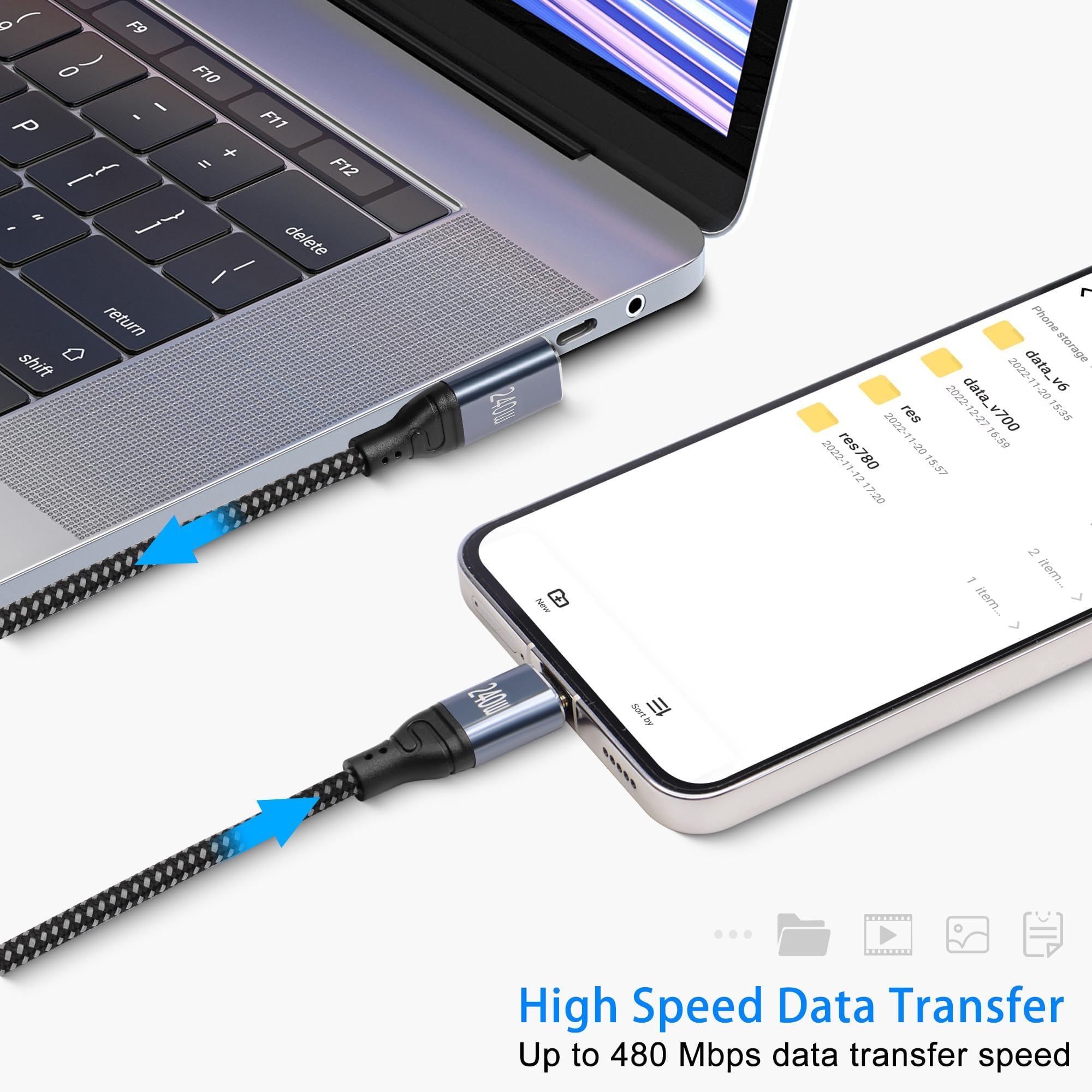GELRHONR Câble usb c 240w, câble de chargeur de type c à angle droit pd3,1 240w (48v5a) charge rapide, tressé en nylon, pour ordinateur portable, tablette appareils usb-c(Angle USB C 0.5M