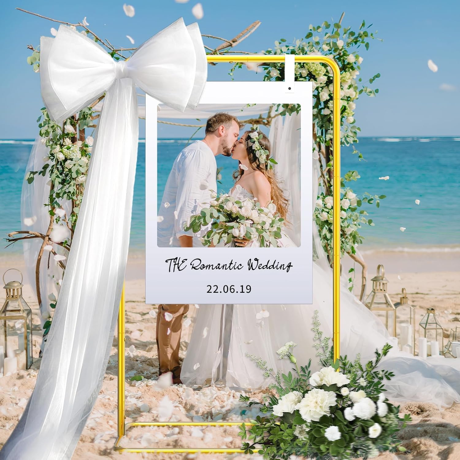 Panneau de bienvenue de mariage, étagère de vente, plan de table de mariage avec ensemble design et lanières en cuir, support de plaque de mariage réglable de 173 cm, bienvenue à notre arche de