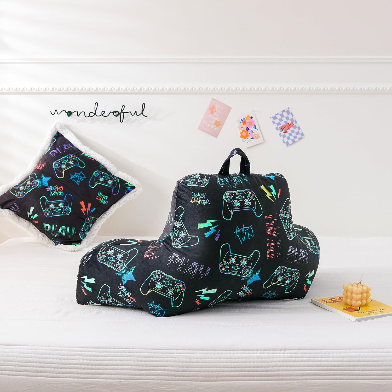 Btargot Reading Pillow Bed Wedge Cartoon Kid Backrest Lounge Cushion with Arms | Back Support for Sitting Up in Bed, Matching Cushion Cover, Game Console