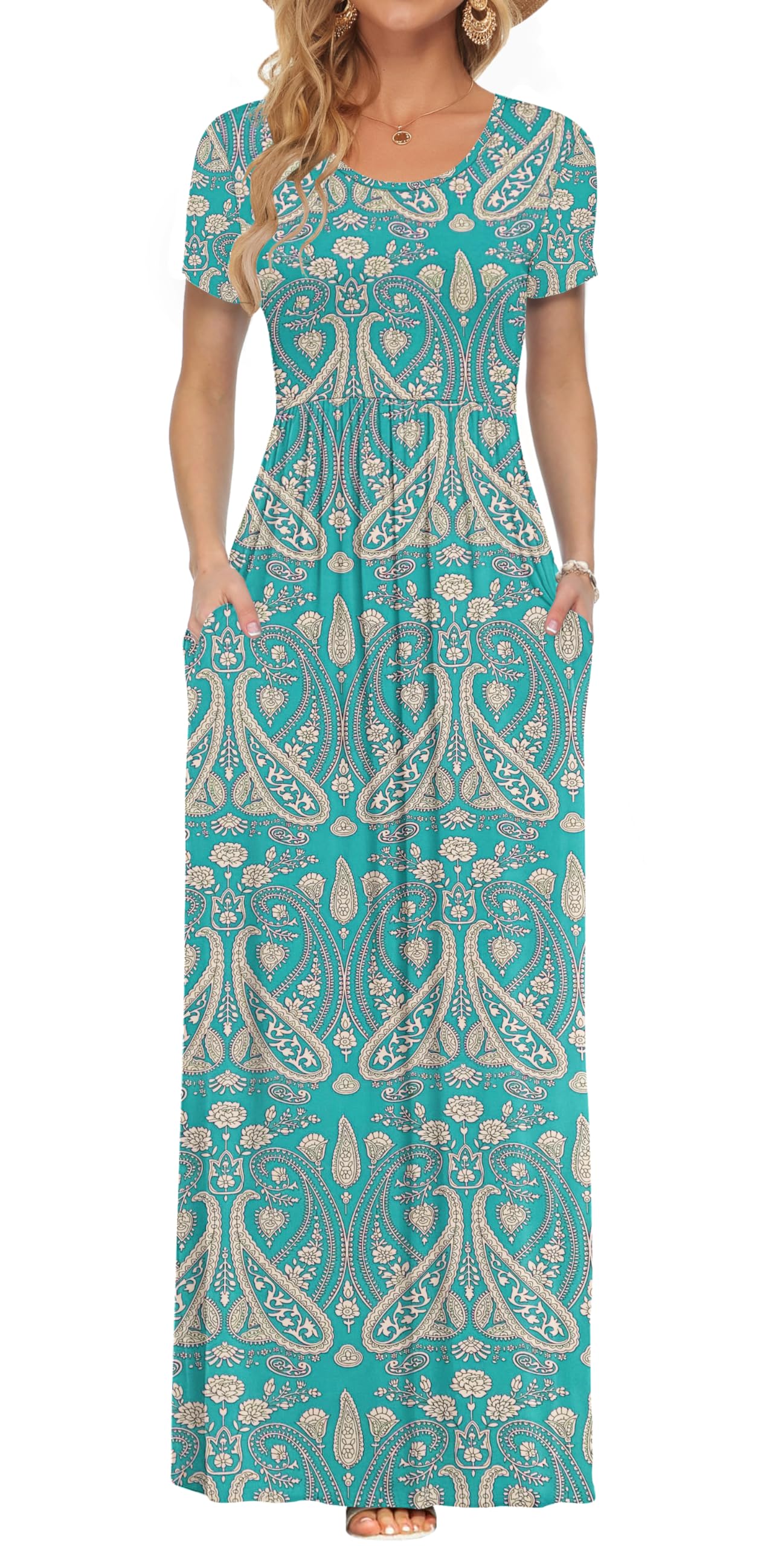 AUSELILY Damen Kurzarm Sommer Casual Long Maxi Kleider mit Taschen