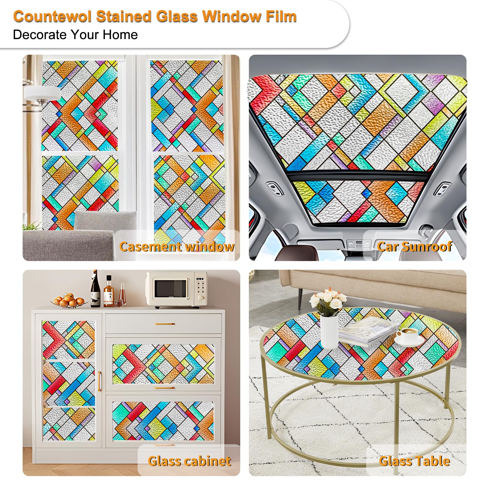 Countewol 3D-Fenster-Sichtschutzfolie, Buntglas-Fensterfolie, klebstofffrei, rückstandsfrei, wiederverwendbar und einfach mit Werkzeugen zu installieren (farbige Glasur, 44,5 x 499,8 cm)