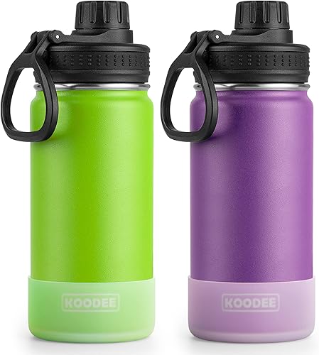 Koodee Botella de agua de acero inoxidable con aislamiento al vacío, 16 onzas, paquete de 2 (manzana verde-morado) para niñas, deportes, escuela