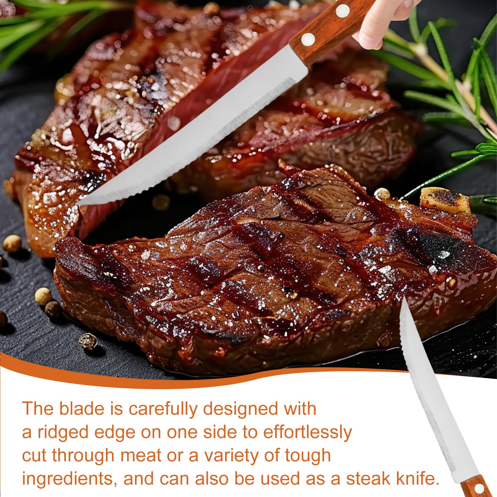 Juego de 24 cubiertos de carne de acero inoxidable con 12 cuchillos de carne y 12 tenedores, con mango de madera, juego de cubiertos para carne, para 12 personas, no apto para lavavajillas