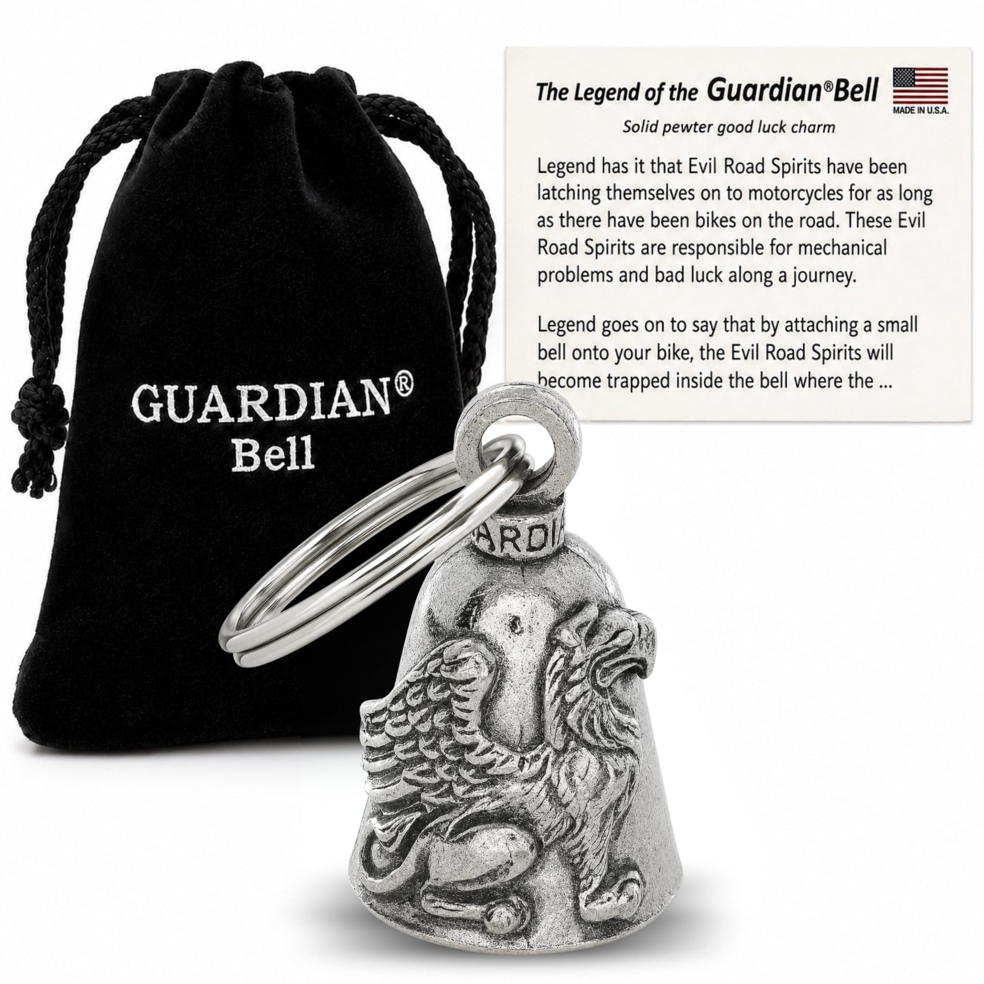 Guardian Bell Griffin Good Luck Bell w/Keyring &amp; Black Velvet Gift Bag | Motorcycle Bell | Lead-Free Pewter | Good Luck Gift