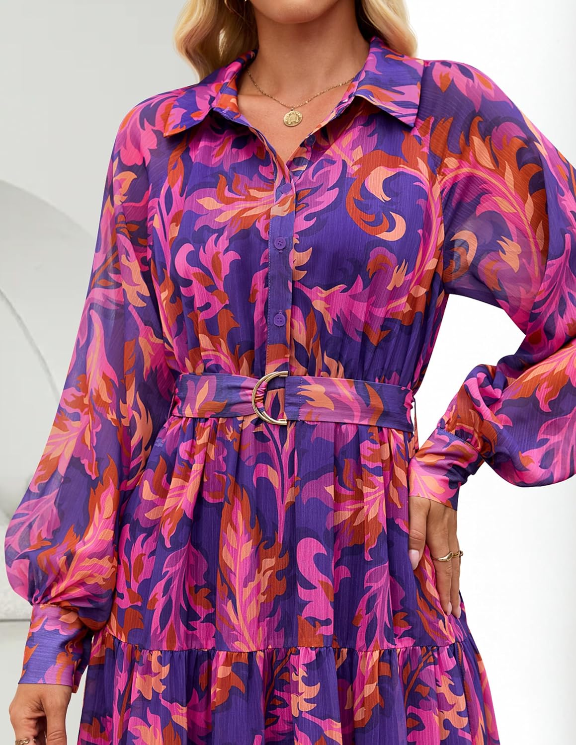 ZESICA Women's Spring Floral Long Sleeve Maxi Dresses 2026 Casual Button Belted Chiffon Boho Wedding Guest Party Dress - Image 6