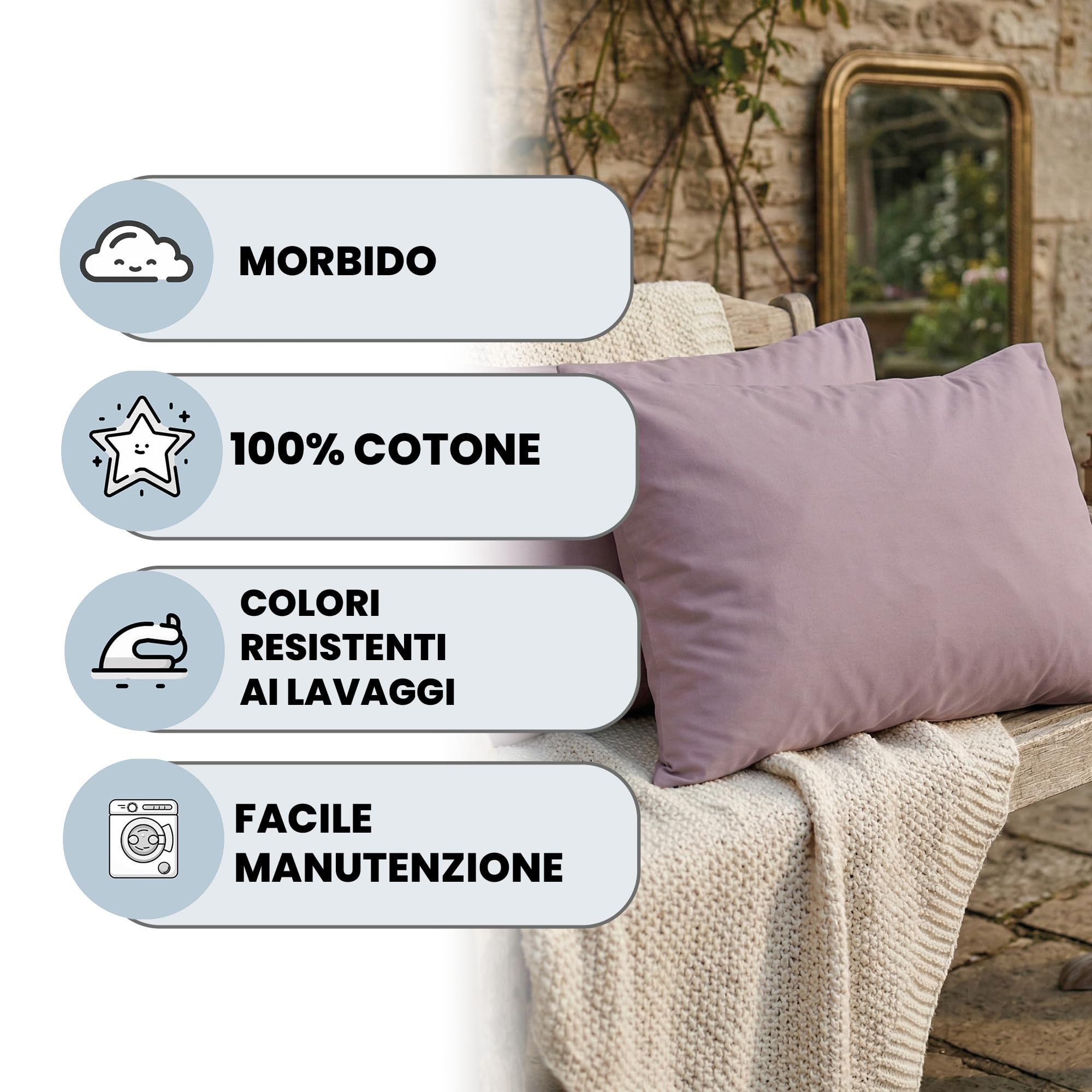 Juego de 2 Fundas de Almohada MAX Color 100% algodón, Made in Italy, 50x80 cm con Solapa Interior, Liso – Rosa Antico