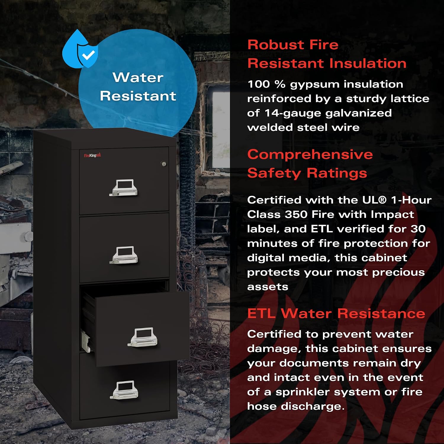 FireKing Vertical 4 Drawer Legal Fire Safe File Cabinet with Key Lock, 1 Hour Fire Rated, UL Rated & Water Resistant Home Safe, Made in The USA, Black