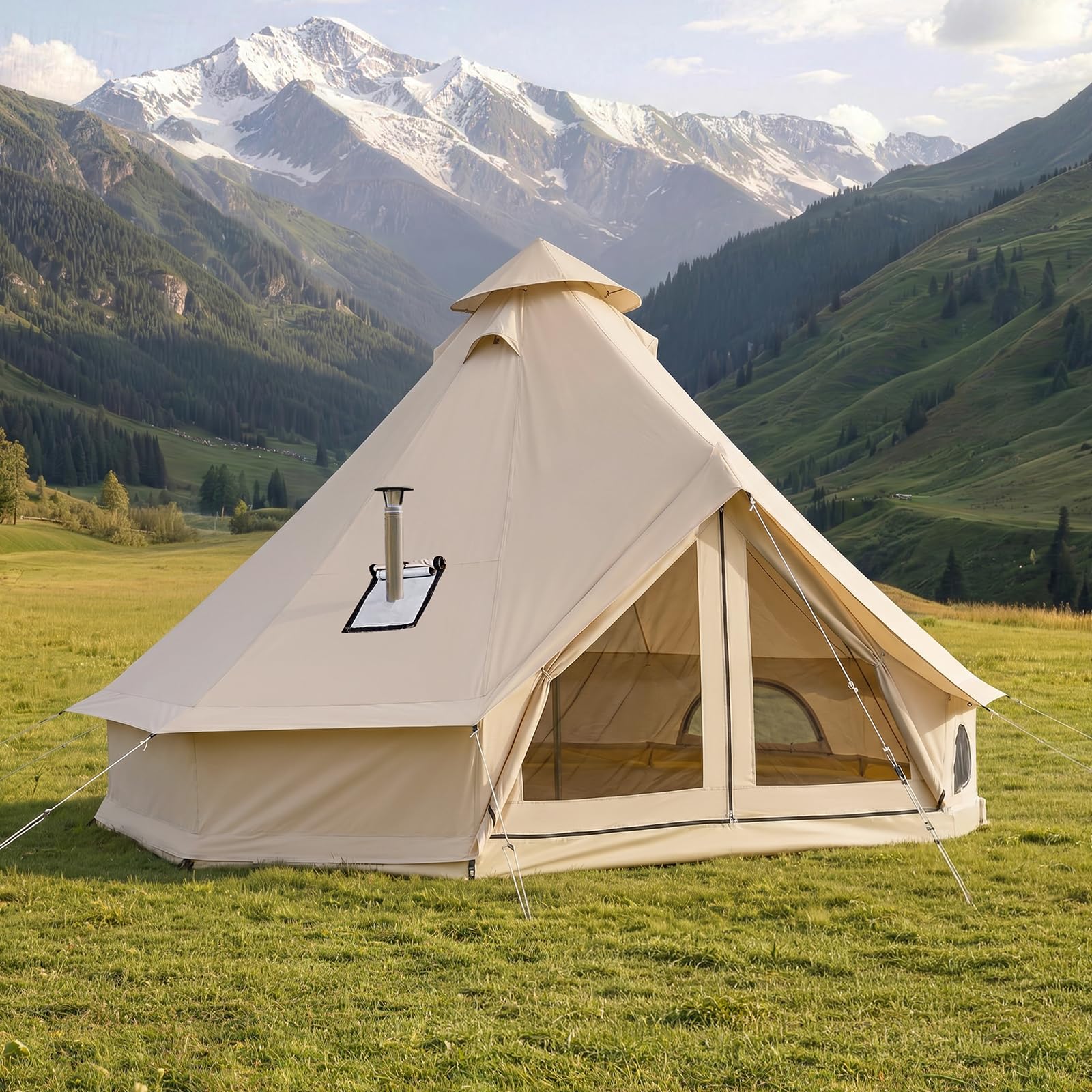 VEVOR Tenda a Campana Oxford da Campeggio, Tenda a Yurta per 4 Stagioni da 4 m, con Presa per Stufa, Impermeabile e Traspirante, Max 4 Persone, con Pavimento Staccabile e Cerniera, per Feste Eventi