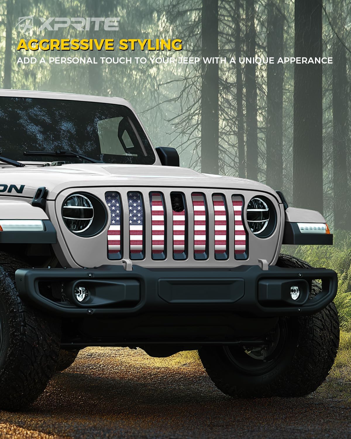 Xprite Grill Insert with Red & Blue US Flag, Aluminum Alloy Front Grille Mesh Inserts Compatible with 2018–2026 Jeep Wrangler JL & Gladiator JT (Designed for Models with Front Camera or ACC Radar)