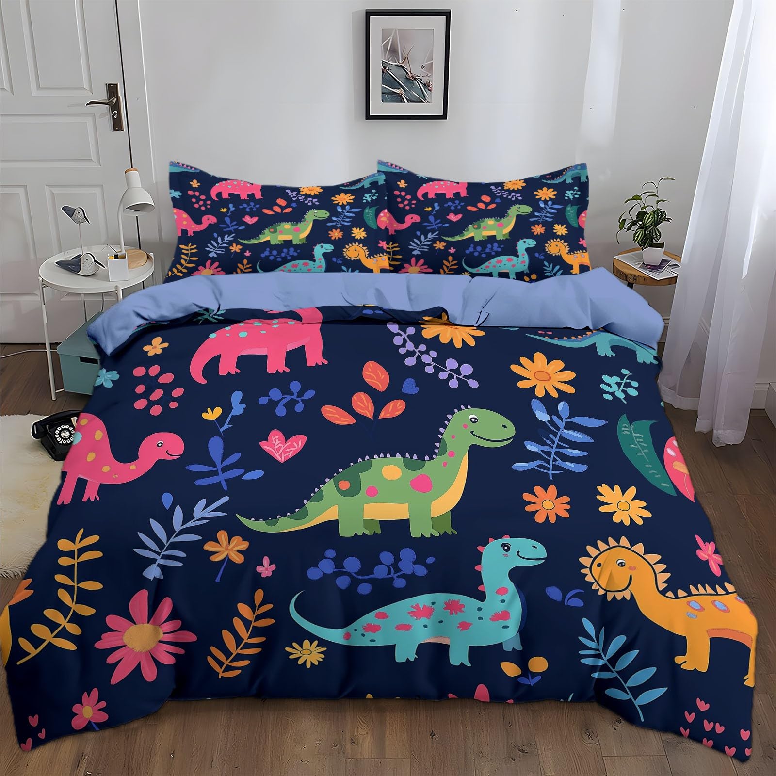California King Duvet Cover Cartoon Dinosaur Flowers Cal King Bedding Duvet Cover Set, 3 Pieces, Soft and Breathable Comforter Cover with 2 Pillow Shams, for All Season