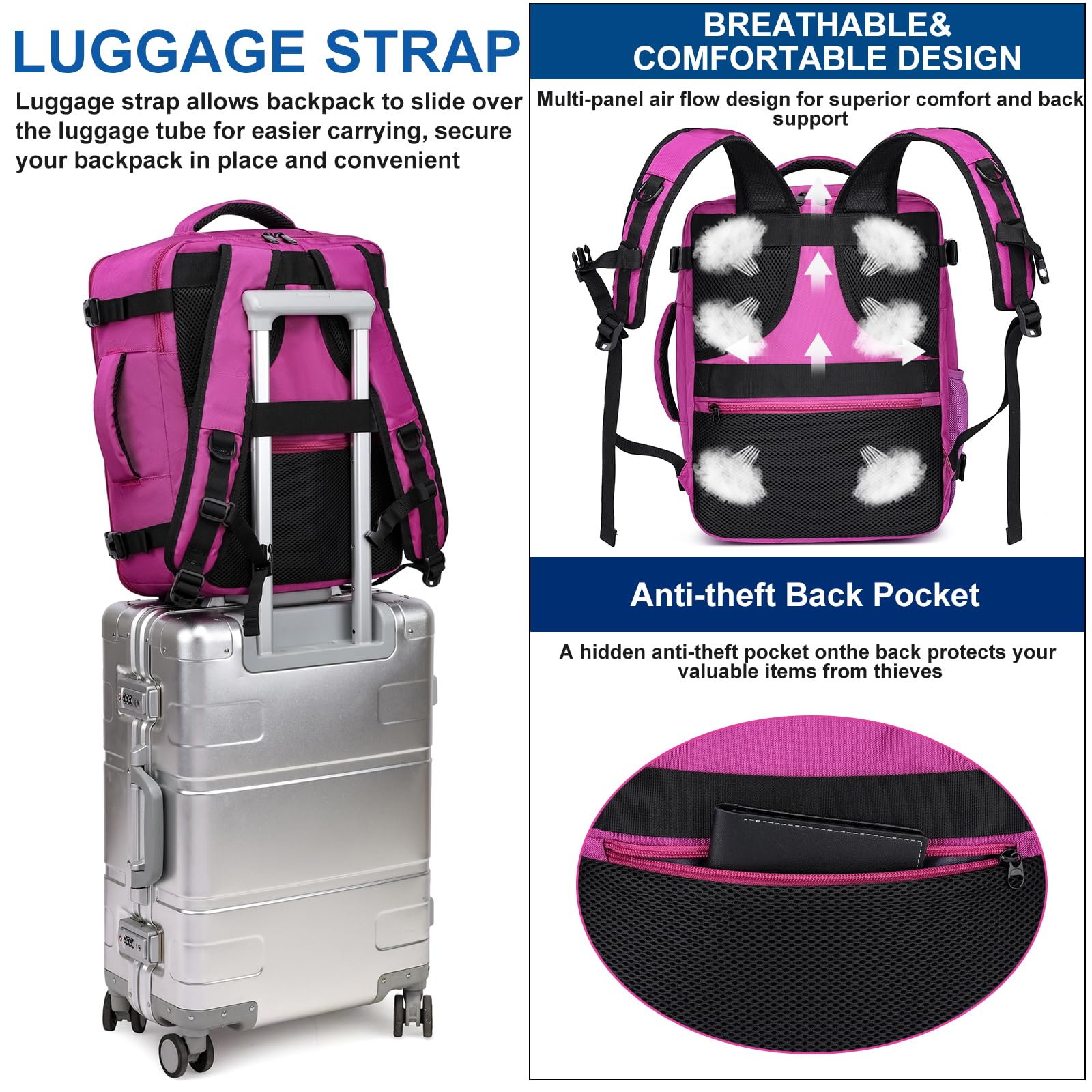 ENZOSUM Zaino Ryanair 40x30x20 Bagaglio a Mano 40x30x20 per Ryanair 24L Zaino da Viaggio per Donna 15.6 Pollici Zaino Porta PC per Scuola Trekking Lavoro,Viola