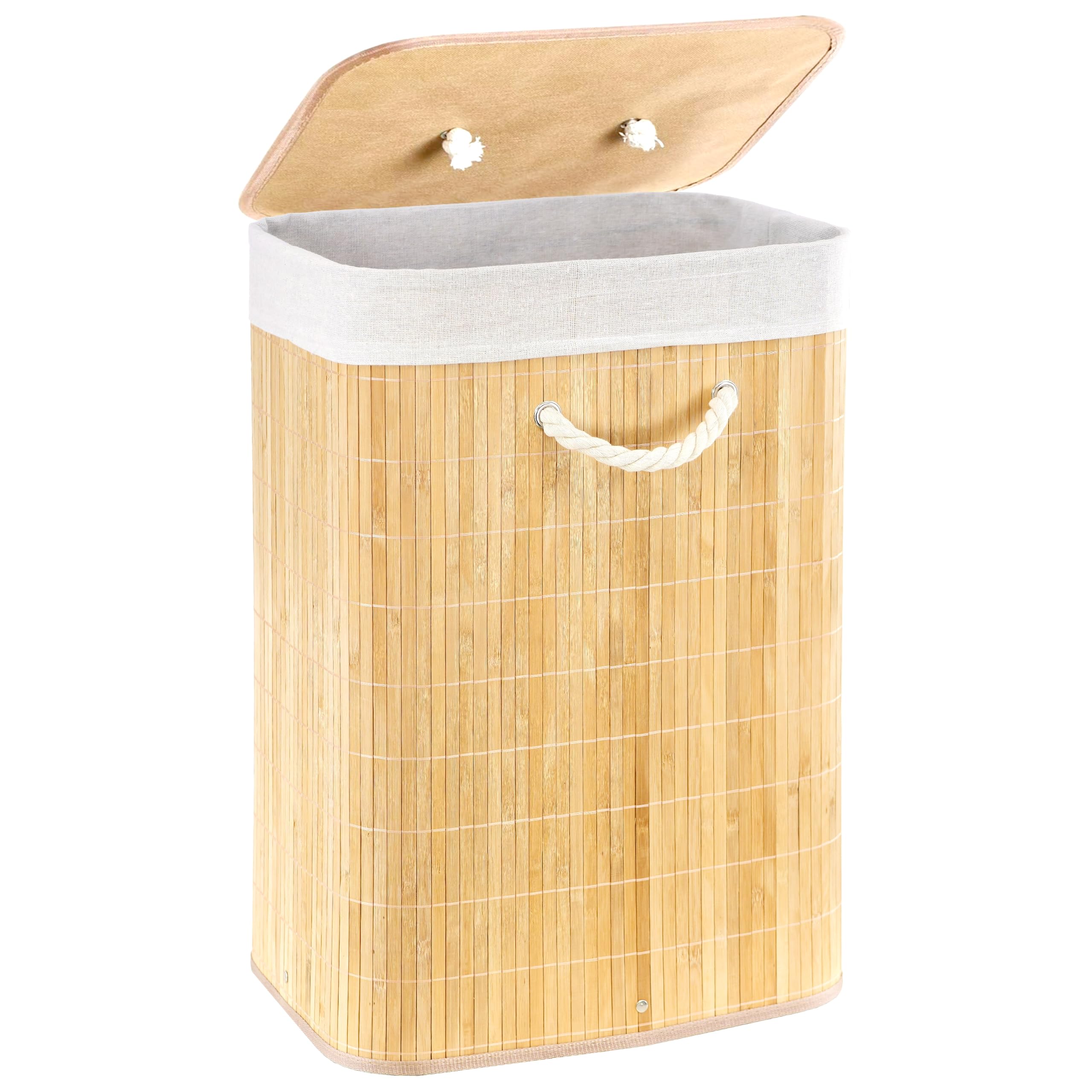 GEEZY Bamboo Laundry Hamper with Lid 72L, Brown - Foldable Laundry Basket, Removable Fabric Liner Bag, Sturdy Rope Handles - Collapsible Washing Bin for Bedrooms, Bathrooms, Dirty Clothes Storage
