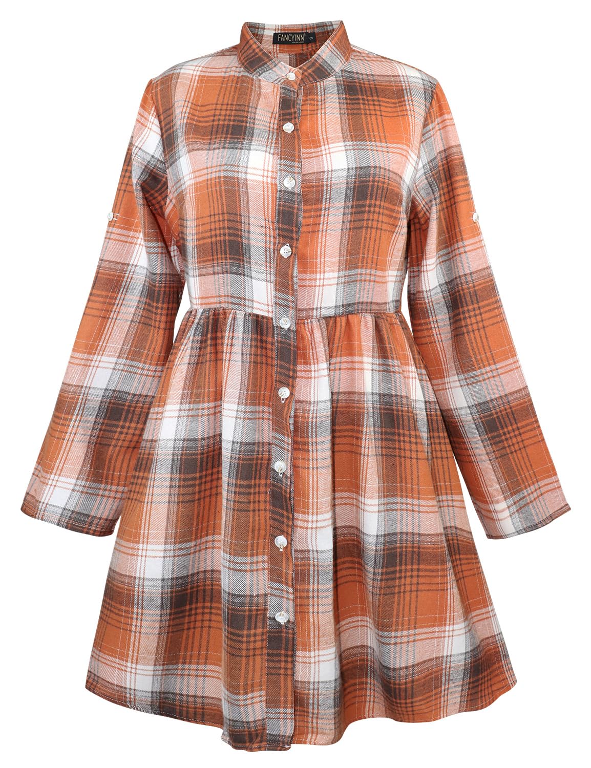 FANCYINN Abito a Camicia a Quadretti da Donna Manica Lunga abbottonata Top Mini Abito Scozzese a Tunica Casual