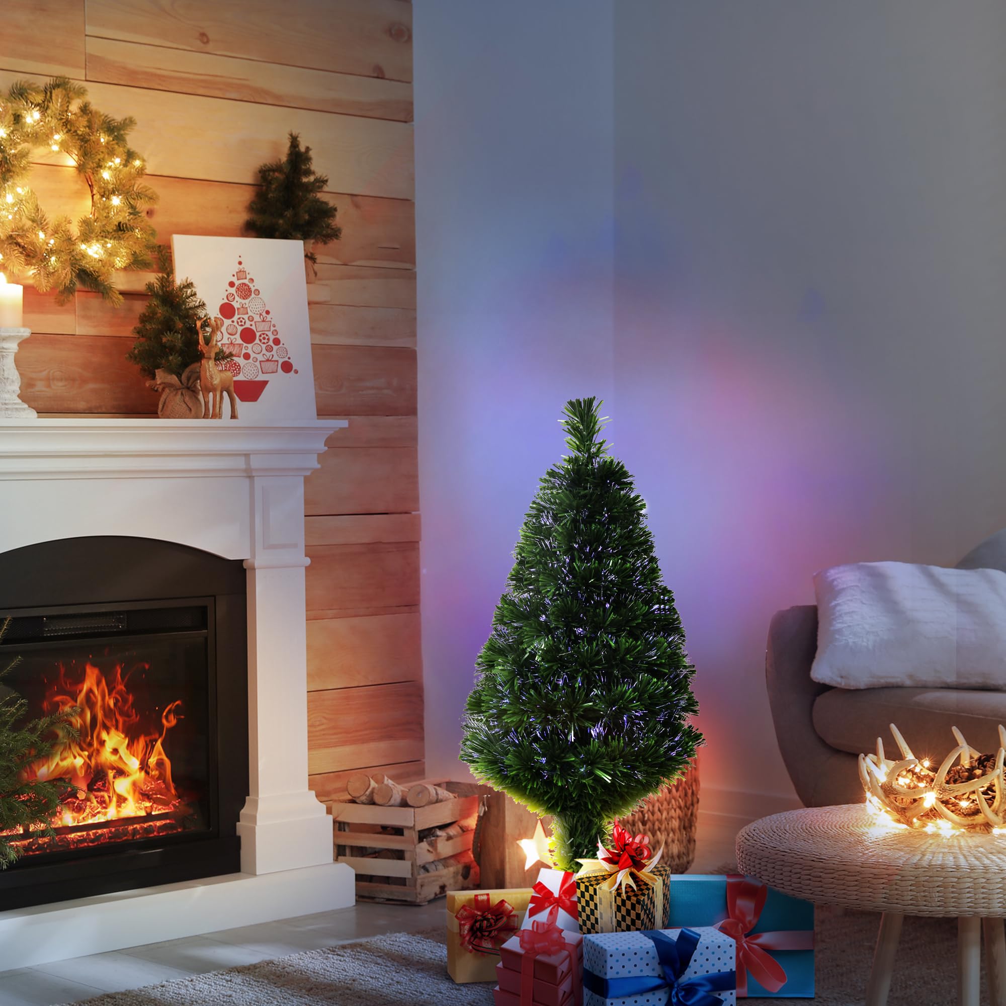 HOMCOM Sapin de Noël Artificiel Lumineux 90H cm Fibre Optique Multicolore + Support Pied 90 Branches Vert