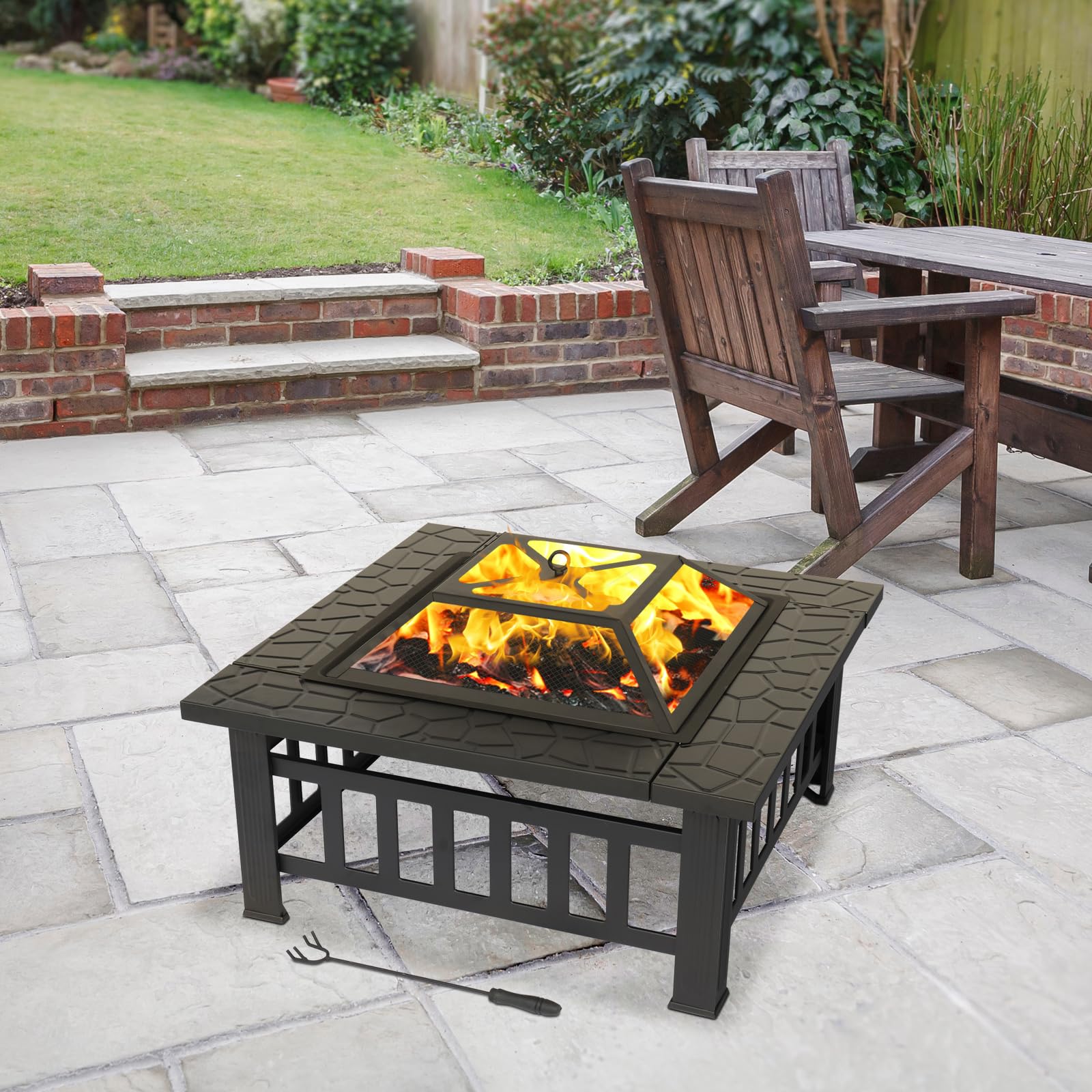 LEADZM Feuerschale mit Grillrost | Feuerkorb 3-in-1 Multifunktional, Feuerhaken & Schutzhülle, Feuerstelle für Holz/Kohle, BBQ Party Garten Terrasse Outdoor,82 x 82 x 52 cm