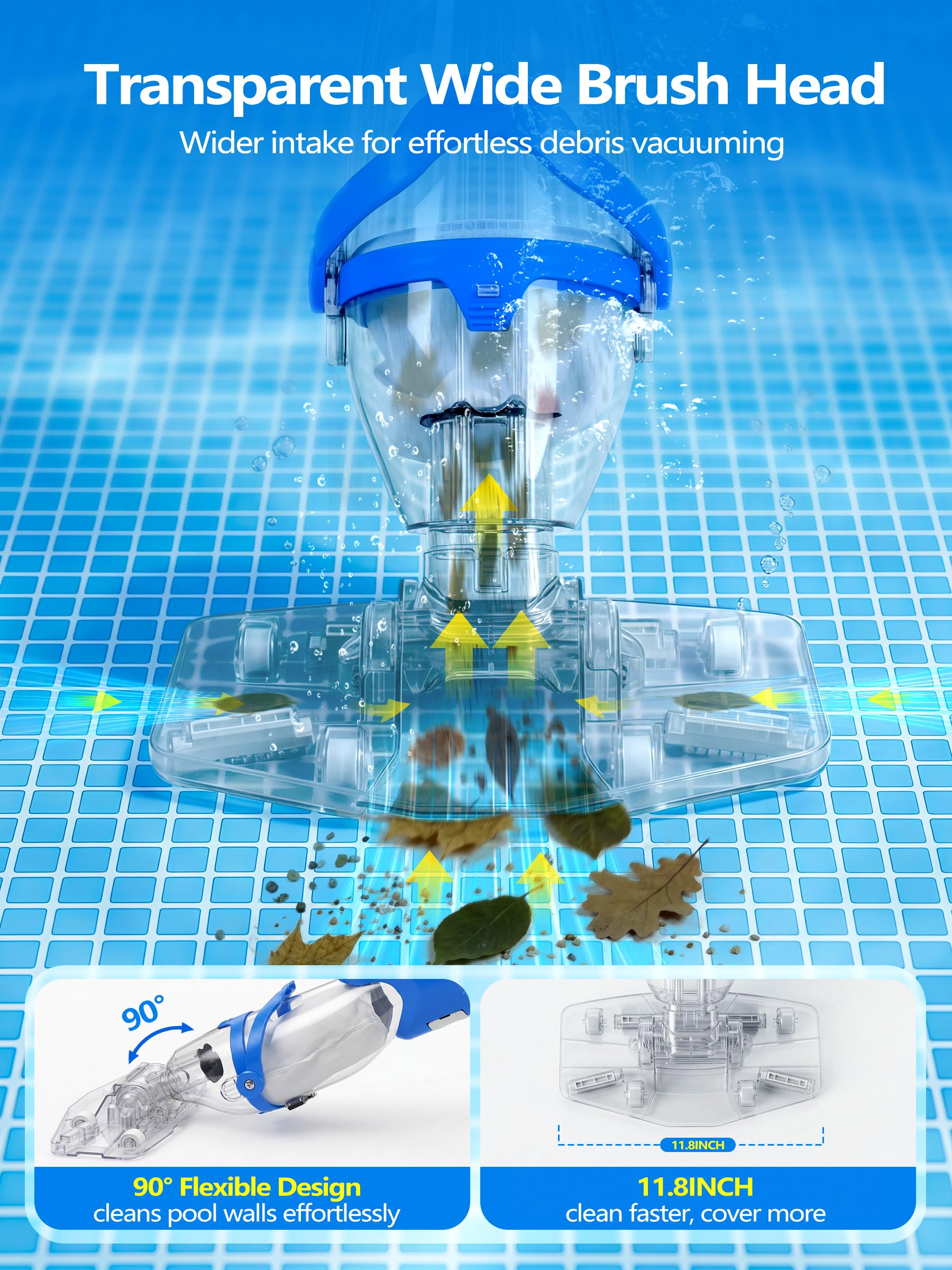 LanOcean Aspirador Piscina Bateria, 2 Modos Aspiradora Piscinas Fondos Caudal Hasta 4300 L/H, Aspiradora para Piscina Inalambrico con Varilla Telescópica, Autonomía de 70 min Limpia Fondos de Piscinas