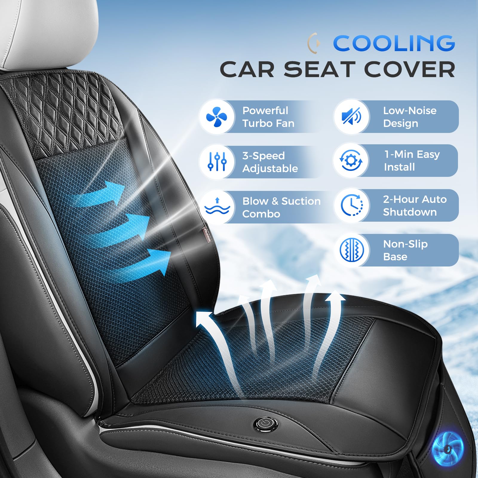 Coverado Verano Cojín de Asiento de Coche con Poderosa Ventiladores & 3-Velocidad Ajustable Funda de Asiento, Universal para Coche SUV camión LKW, Van, Negro