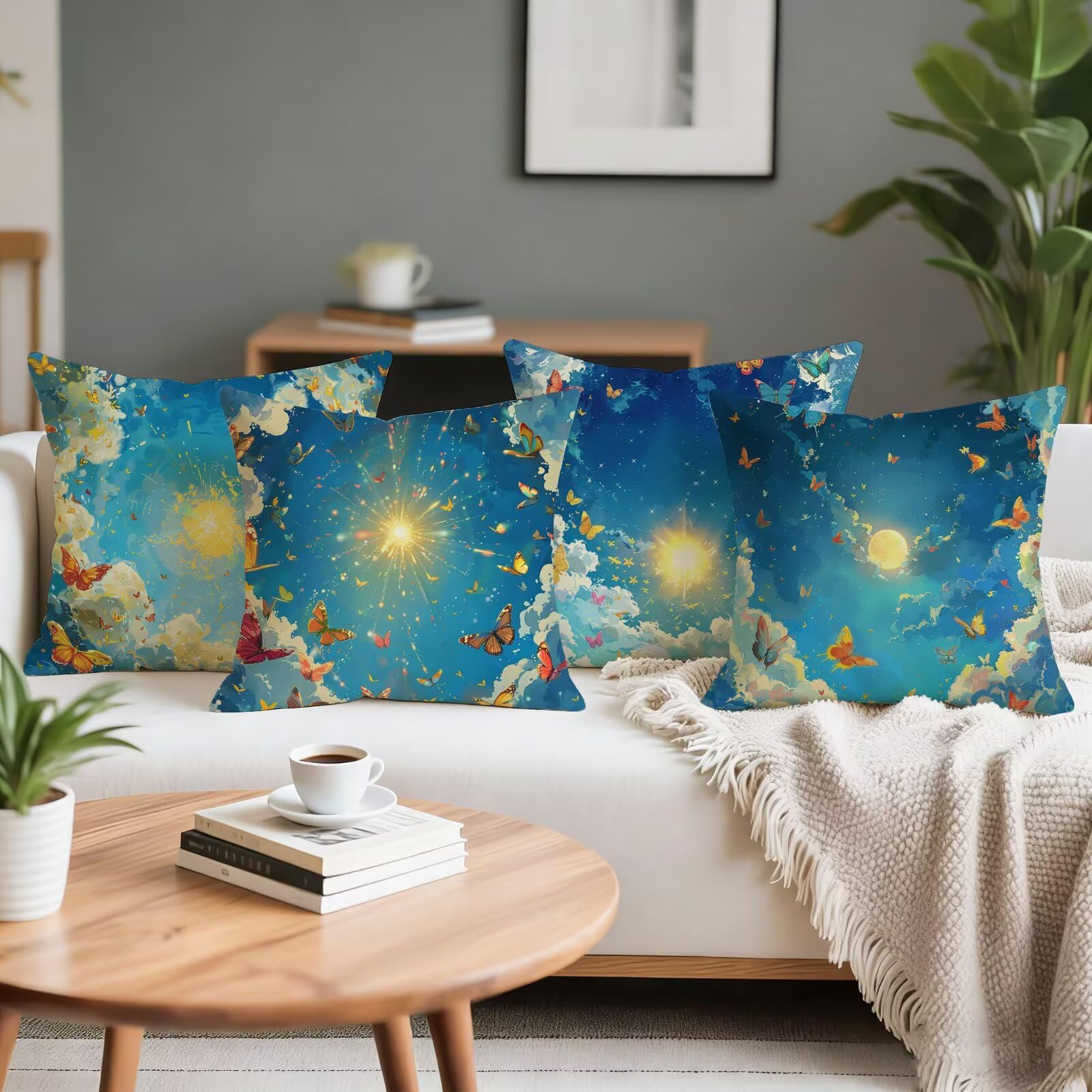 Wodoodporna aksamitna poduszka zewnętrzna 60x60 zestaw 4 niebieskich dekoracyjnych poszewek na poduszkę, poduszek ogrodowych, do sypialni, salonu, ogrodu, na balkon, kemping, lato, abstrakcja, o-562