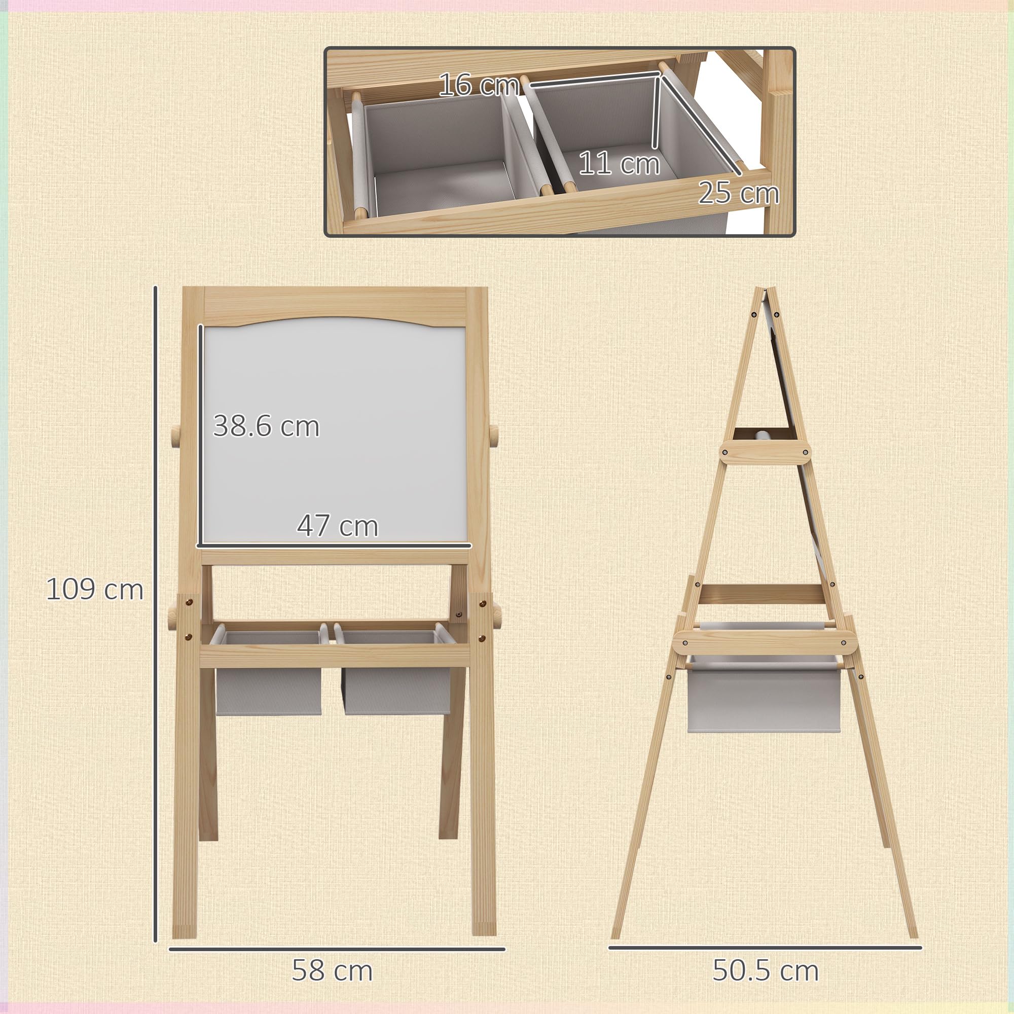 AIYAPLAY Lavagna per Bambini 3 in 1 Multiattività con Due Cestini, Cavalletto Artistico in Legno per Bambini 3-6 anni, 58x50.5x109cm
