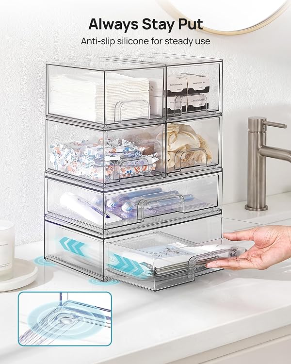 Vtopmart Stackable Storage Drawers Set of 6, Clear Plastic Organizer Bins for Bathroom Supplies, Ideal for Cabinet,Shelf, Pantry, Laundry Room Organization by Vtopmart - Image 7