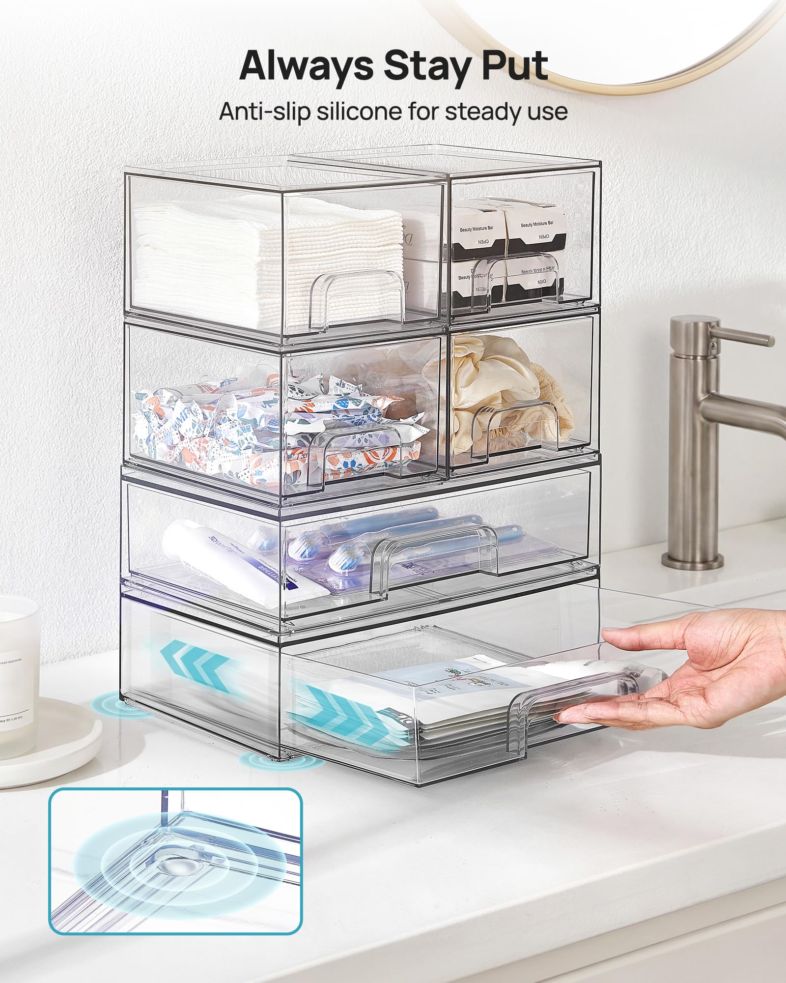 Vtopmart Lot de 5 tiroirs de rangement empilables en plastique transparent pour maquillage, cosmétiques, fournitures de beauté, 30,5 cm de large et 11,1 cm de haut