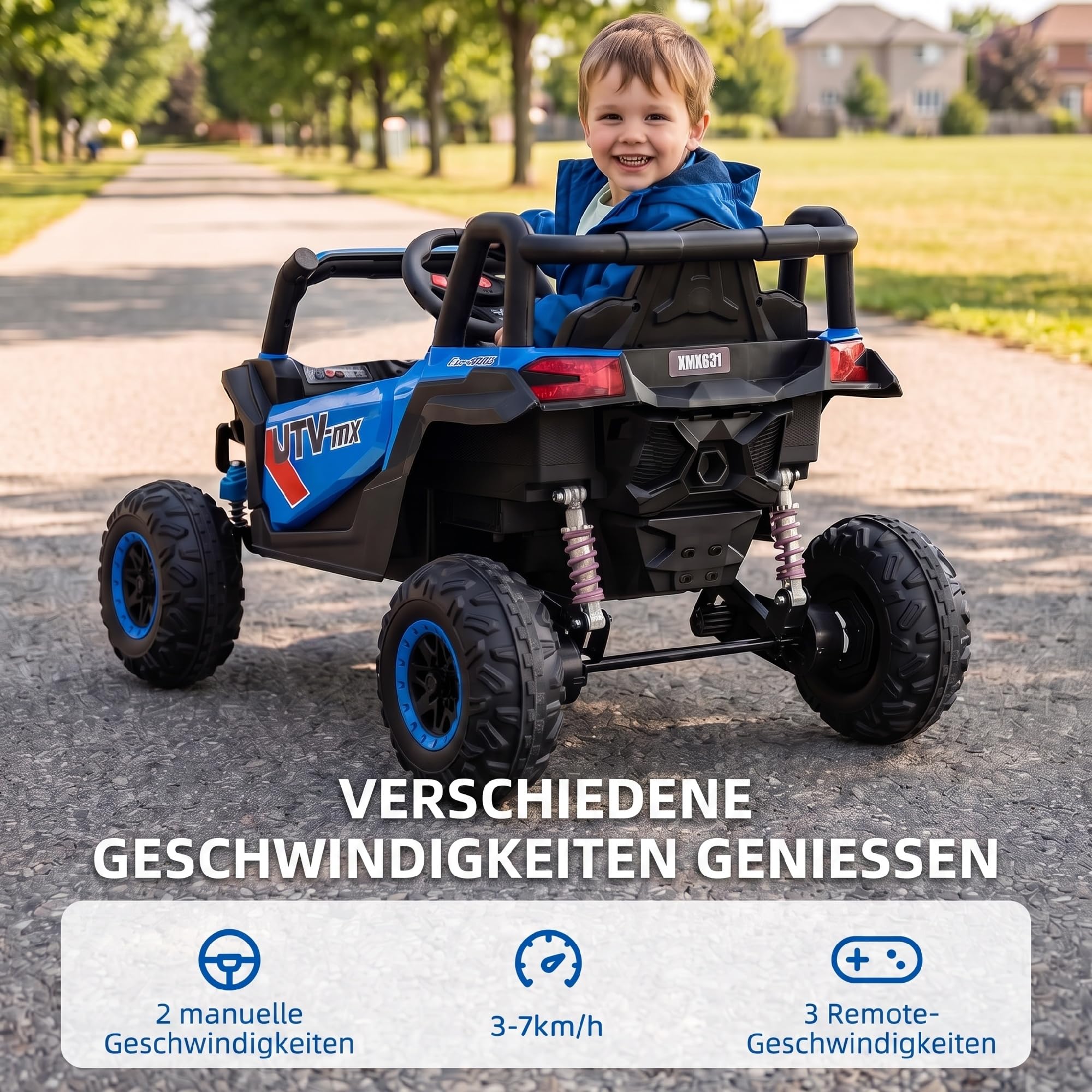 AIYAPLAY Elektryczne auto dzieci 12V pilot 2,4G 2 silniki Niebieski | Dziecięcy UTV, Pojazd dziecięcy, Miękki start, Zawieszenie, LED lampy, Muzyka, Port USB, Klakson, Dla 3-5 lat