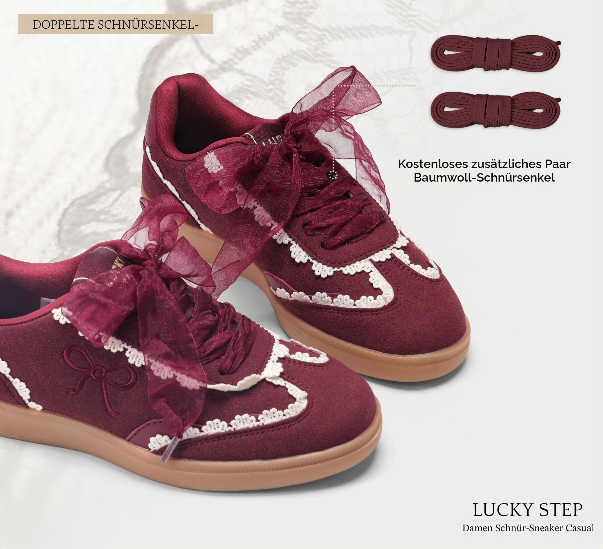 LUCKY STEP Damen Sneakers mit Spitze & Organza-Band | Vintage-Design mit Dicker Gummisohle | Bequeme Freizeitschuhe im Trend-Look für Alltag & Stadt