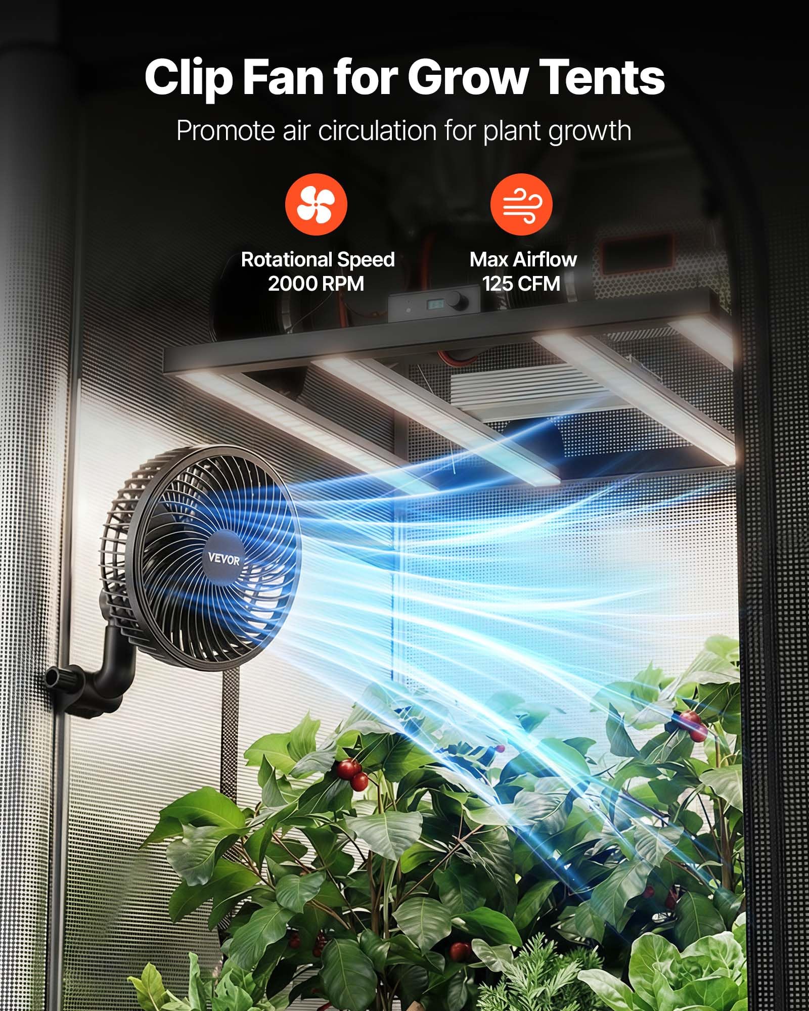 VEVOR Ventilateur de Culture à Pince, Ventilateur Oscillant pour Tente de Culture, USB-C, 9 Vitesses et Mode Cyclique, Oscillation 45° et 90°, pour Circulation de l'Air, Boîtier en ABS, Noir, Lot de 1