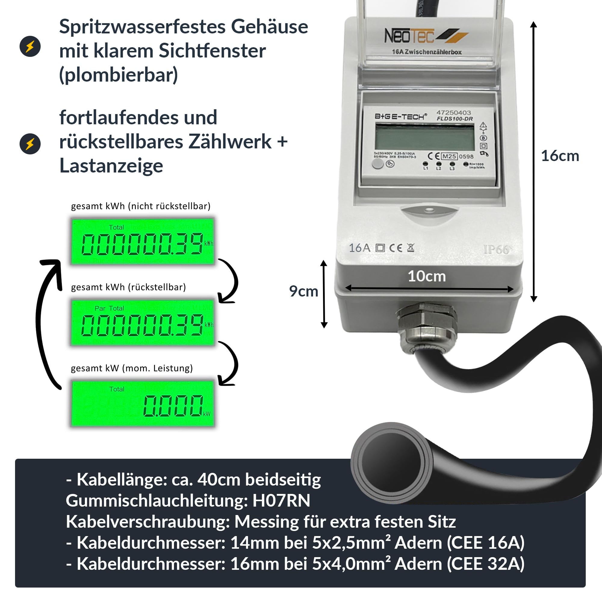 B+G E-Tech CEE 16A 400V Mobile Stromzähler Box Digitaler Zwischenzähler mit Reset-Funktion MID Zertifiziert