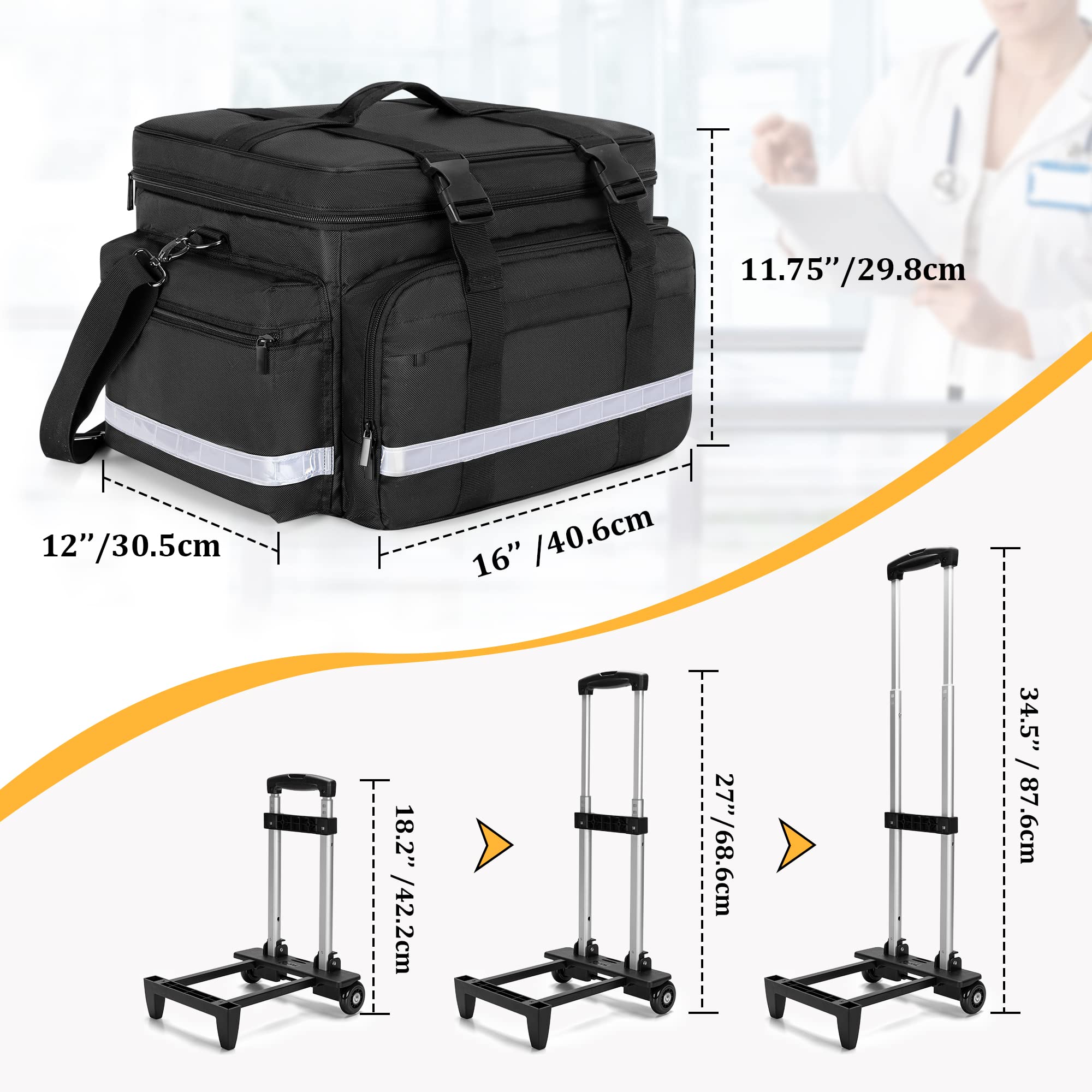 Damero Sac médical avec Chariot Amovible, Sac pour équipement médical avec Poches et séparateurs Amovibles, Sac de Premiers Secours Vide pour infirmières à Domicile, médecins, Noir