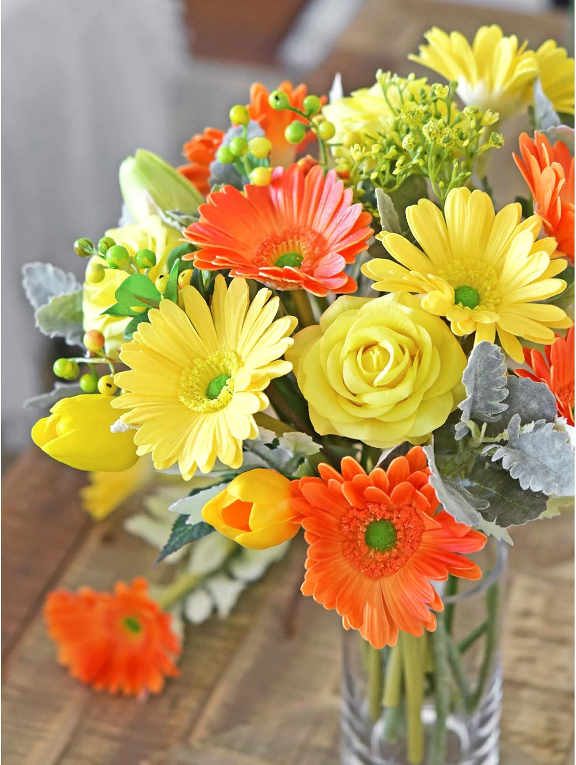 FiveSeasonStuff Real Touch Gerbera Daisy Artificial Flowers Arrangement & Wedding Bouquet (7 Floral Stems, Joyful Mix Orange & Yellow)