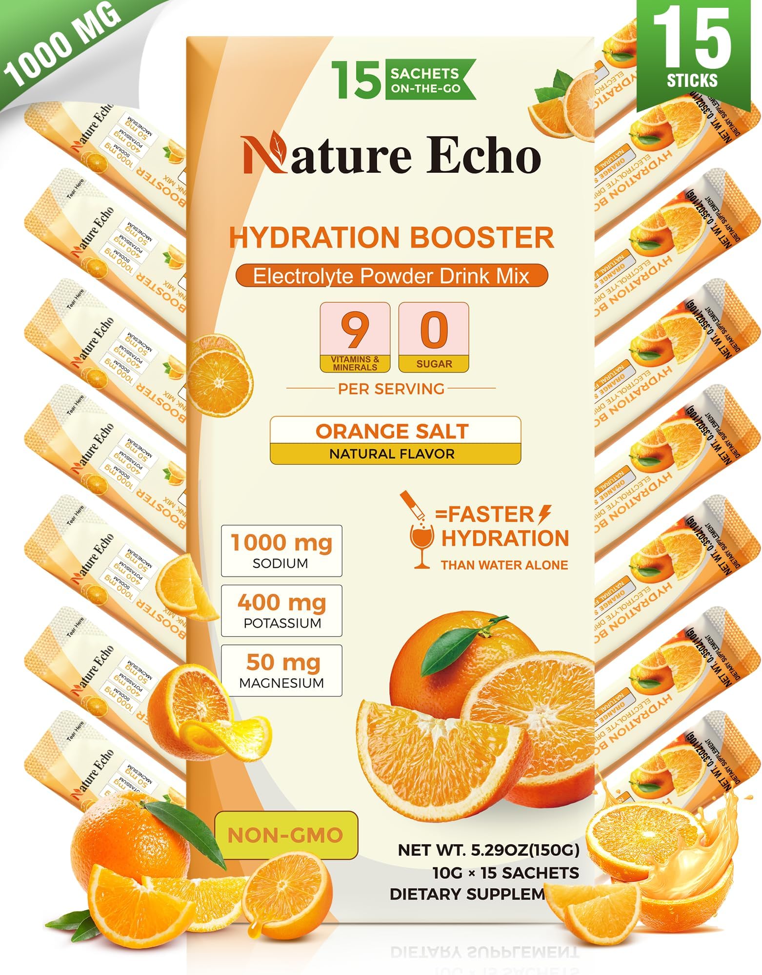 Electrolyte Packets - 1000mg Sodium Electrolyte Powder for Hydration Support | Sugar-Free Electrolyte Drink Mix | On-the-Go Hydration Packets with 9 Key Electrolytes & Trace Minerals | Orange Flavor