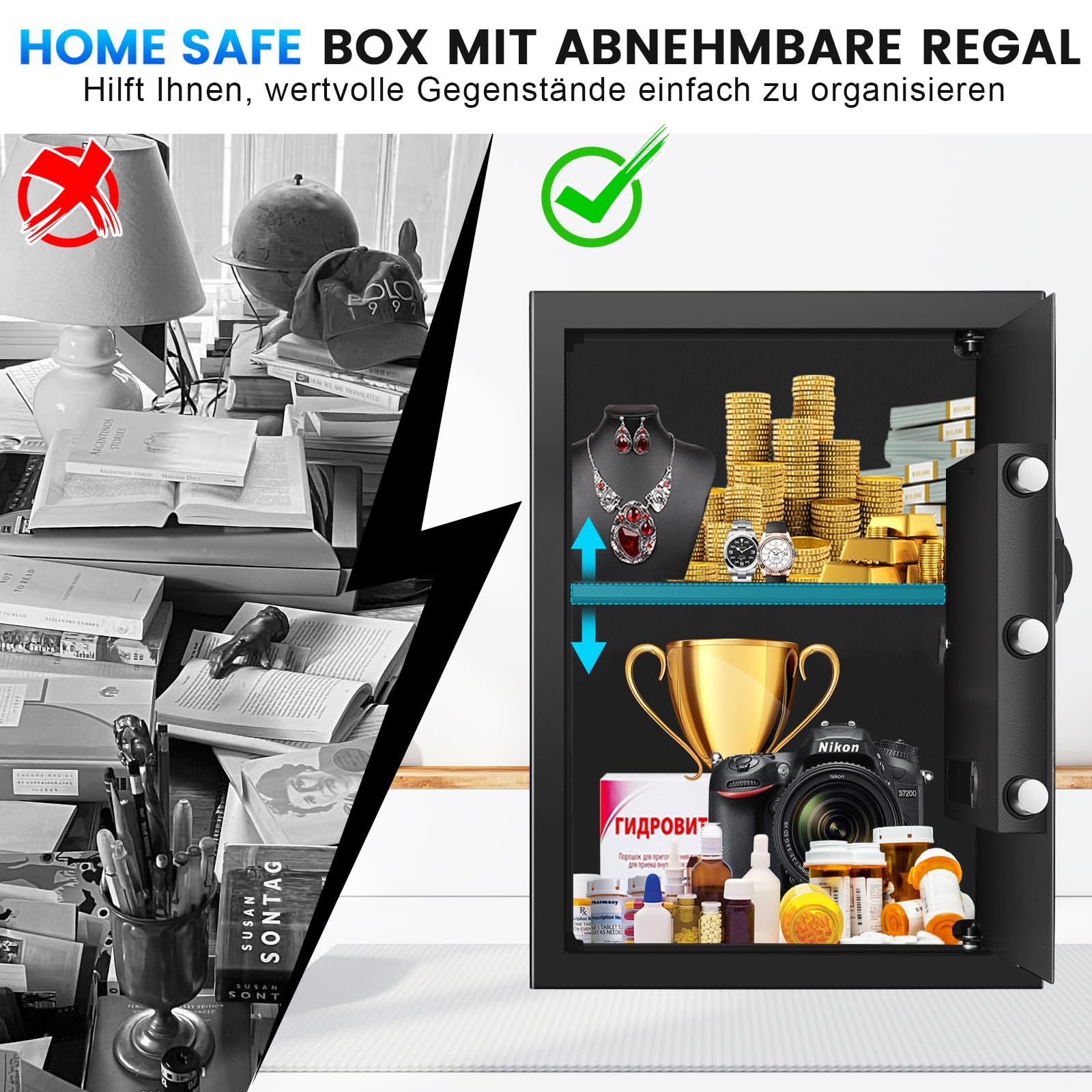50L Groß Safe Tresor Feuerfest für Zuhause, Digitaler Tresore mit Schlüssel, Sensor-Licht und Abnehmbares Regal, Anti-Diebstahl Safe Tresore für Geld, Dokument, Medizin