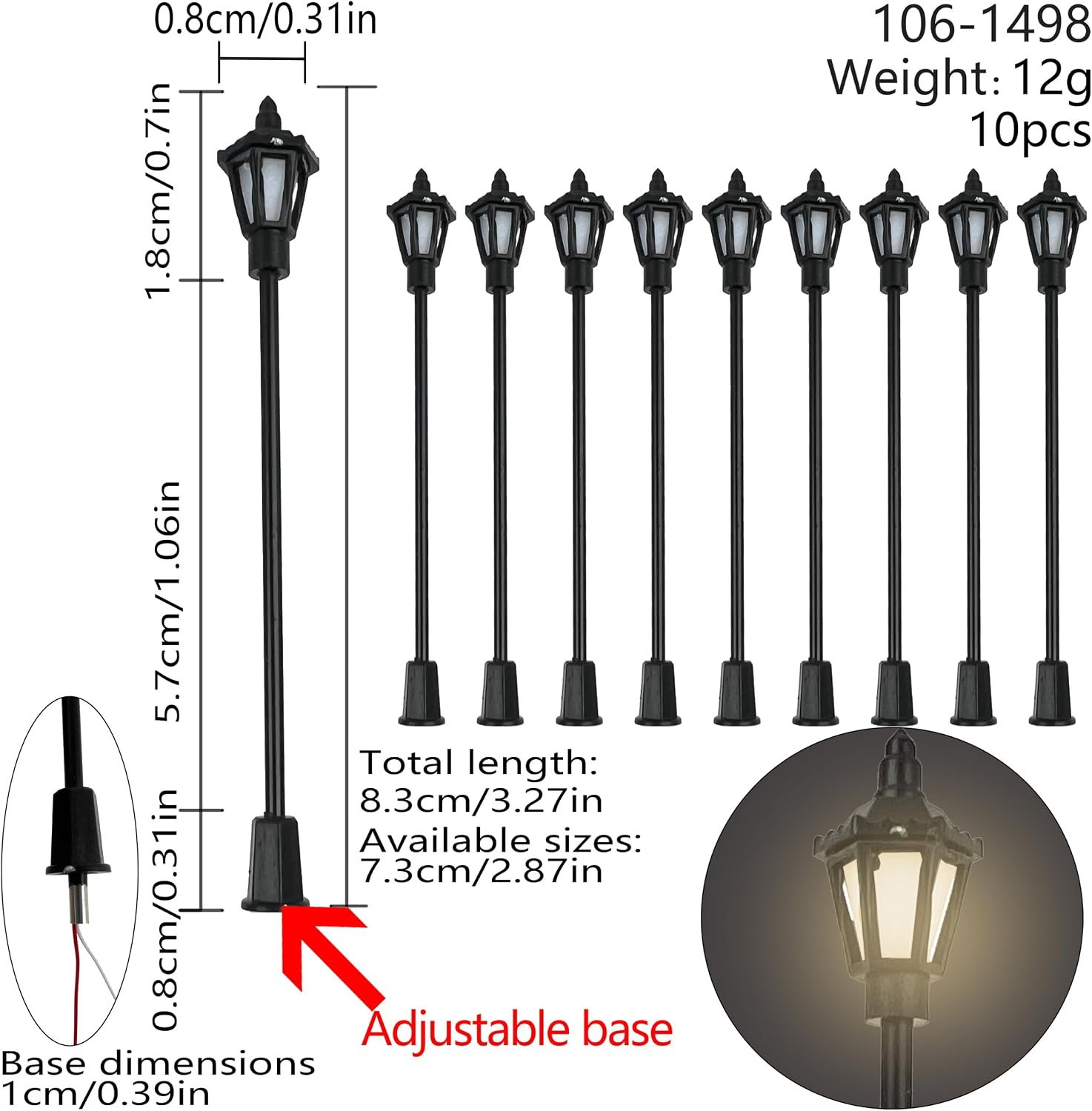 10Pcs No.1 Miniature LED Courtyard Lights No.1, 3V Model Train Lamp Posts (1:160 Black, White Shade, Warm White)
