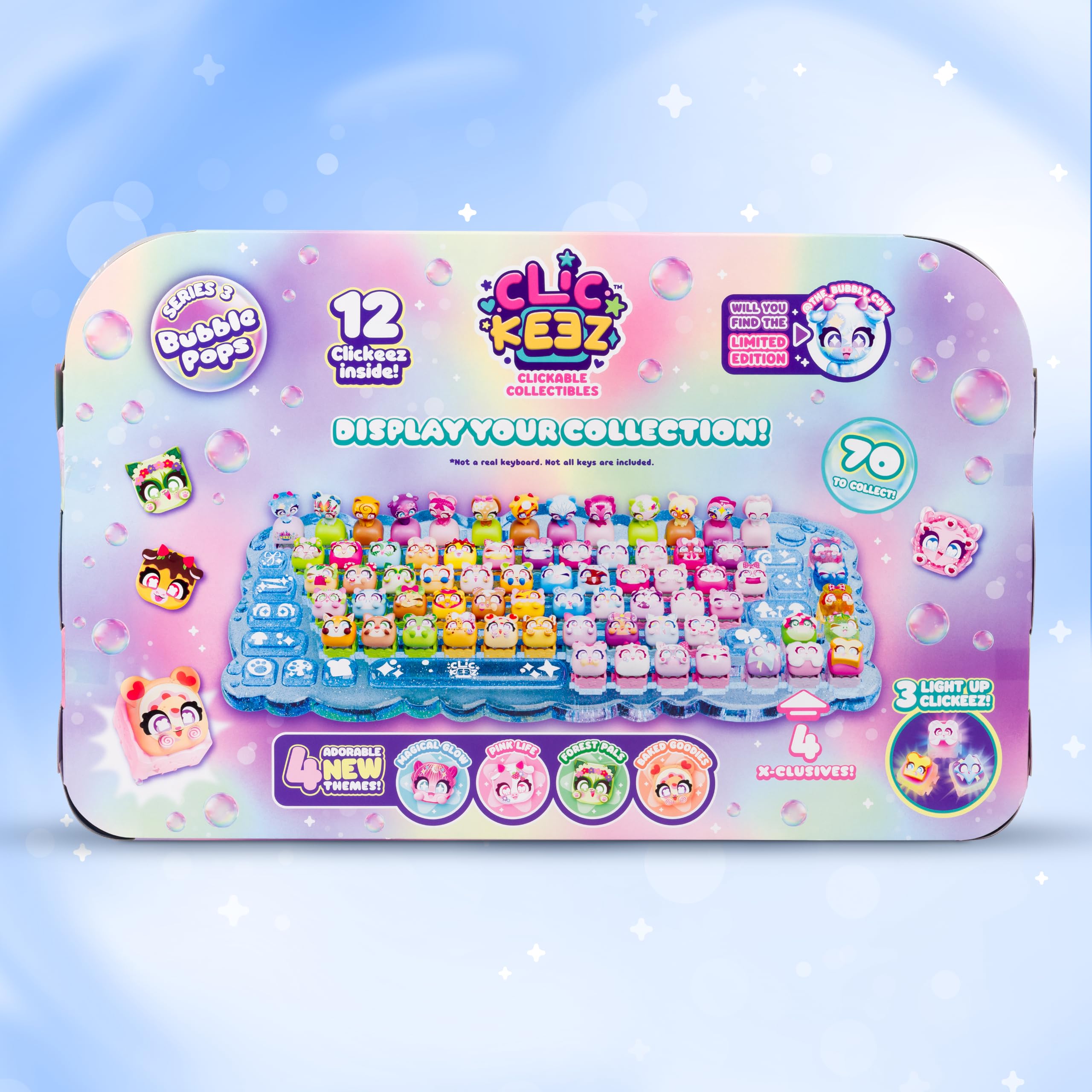 Clickeez Mega Pack de teclado serie 3 | Incluye una funda de coleccionista de teclado y 12 Clickeez con temática de burbujas (incluyendo 3 iluminados) | Coleccionables con clic | A partir de 6 años