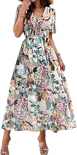 Galocmo Women Floral Maxi Dress, V-Neck Short Sleeve Empire Waist Summer Dress, Boho Flowy Smocked Long Dress