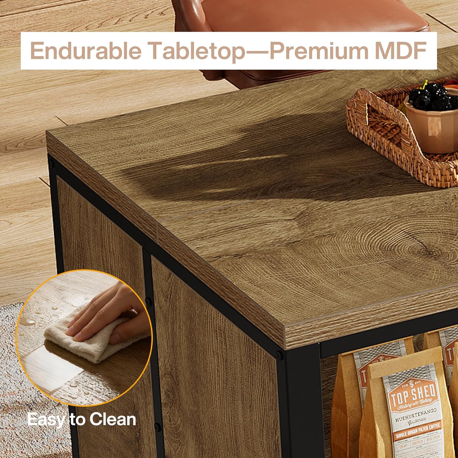 Tribesigns 62.99" Kitchen Island with Storage and Seating - Farmhouse Stationary Island Table, Large Countertop & Sturdy Metal Frame, Coffee Bar Cabinet for Kitchen/Dining Room, Rustic Brown & Black
