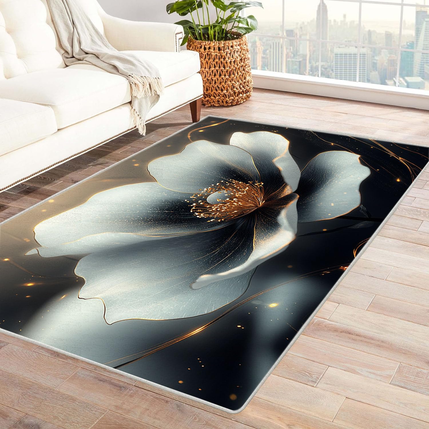 Tapis salon moderne géométrie fleur blanc 120x180cm à poils ras