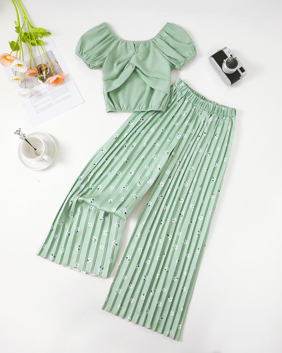 XUANHAO Toddler Girls Clothes Summer Puff Sleeve Smocked Shirt Top Wide Leg Pants Outfits Kids Girl's Clothing Set - Image 2