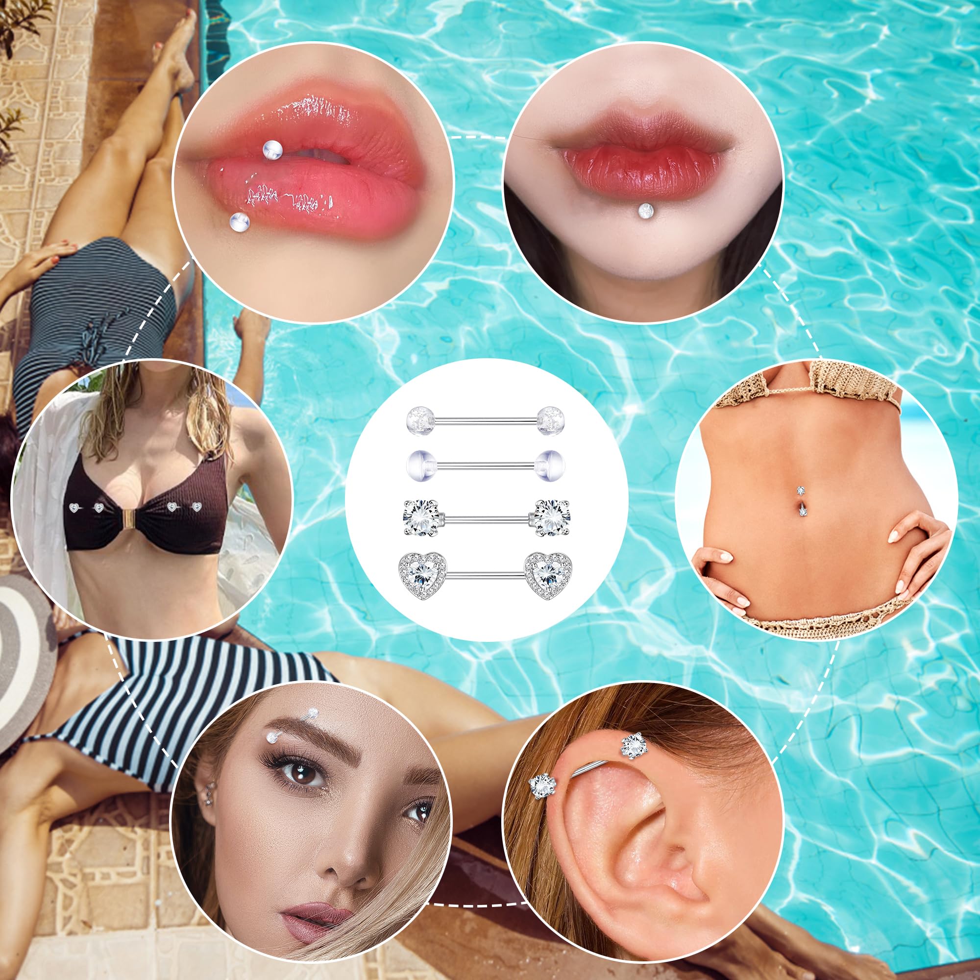 Diamday 6 Paare Nippelpiercing 316L Chirurgenstahl Brustwarzenpiercing 14G CZ Zungenpiercing Nipple Piercings für Damen Hypoallergen Herz Nipplerings Barbell Piercing Nipple Körperschmuck Set