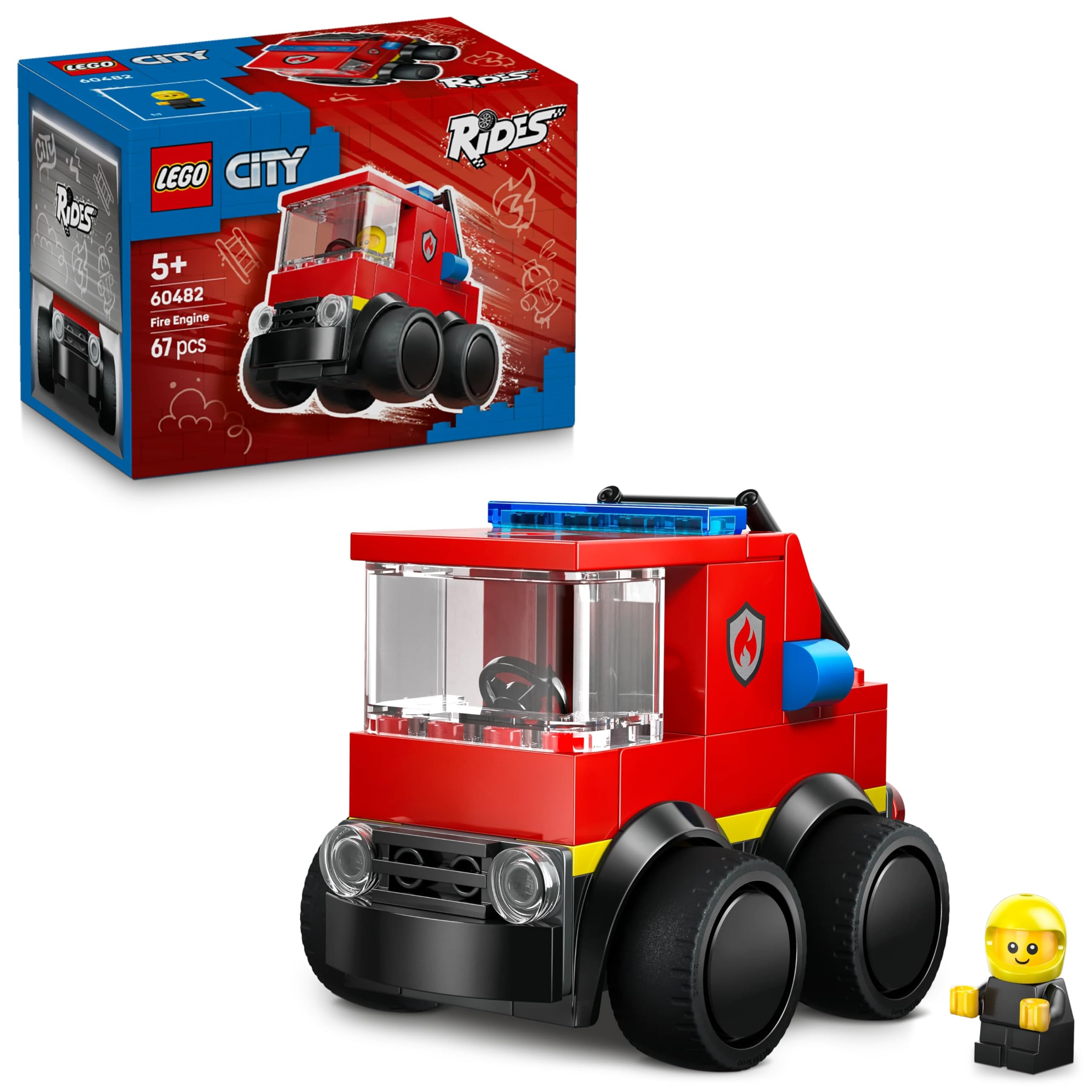 LEGO City Rides – Fire Engine Toy - Emergency Vehicles Building Set w/a Firefighter Junior Minifigure - Party Bag Fillers - Small Collectible Gift for 5+ Year Old Boys - 60482