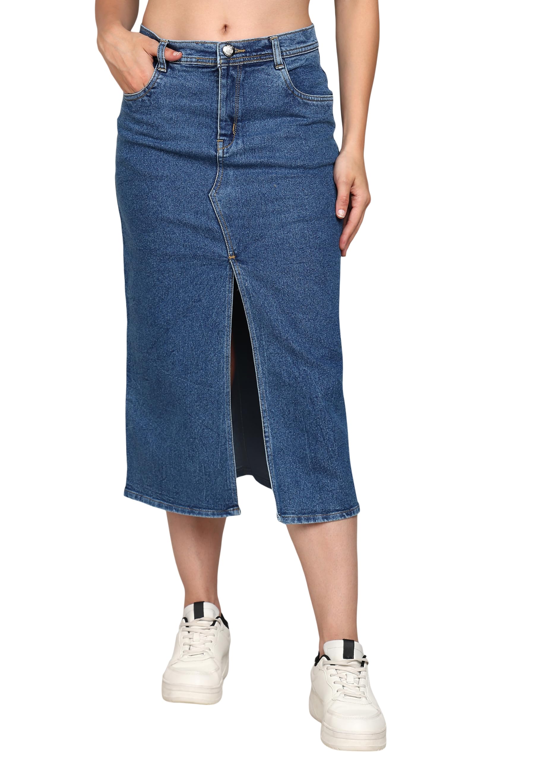 NiftyWomen's Front Slit Midi Denim Skirt