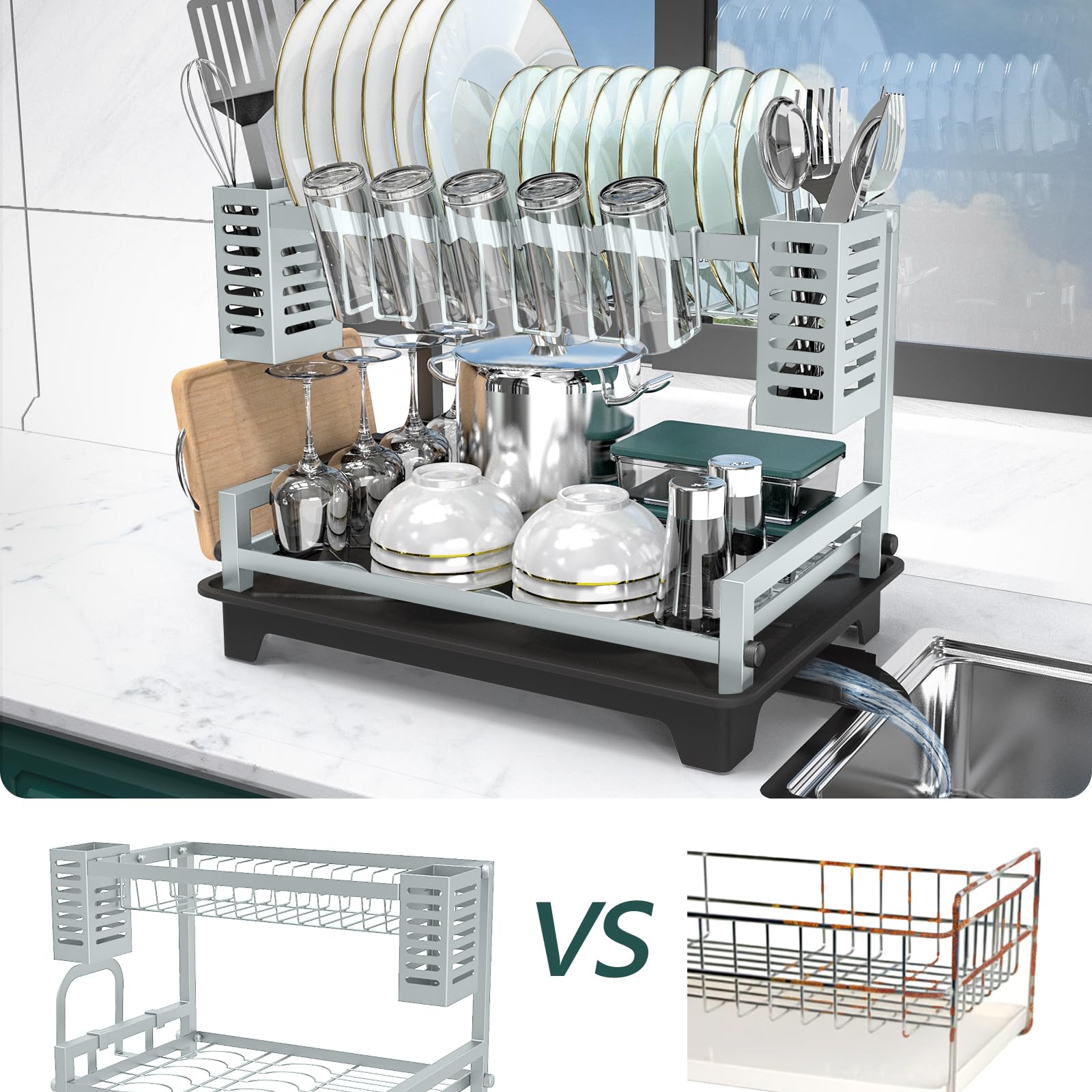Escurridor de platos de 2 niveles con escurridor y soportes para fregadero, escurridor de platos grande de acero inoxidable para encimera de cocina, ahorro de espacio y resistente a la corrosión