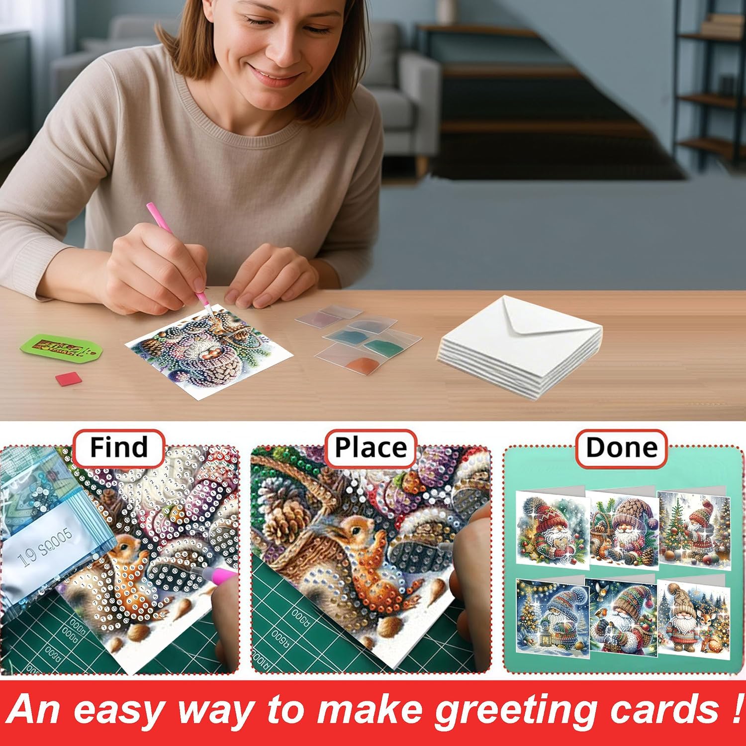 LSQFS 6 Pack Diamond Art Kits for Adults, Gnome Christmas Diamond Art Cards image 4