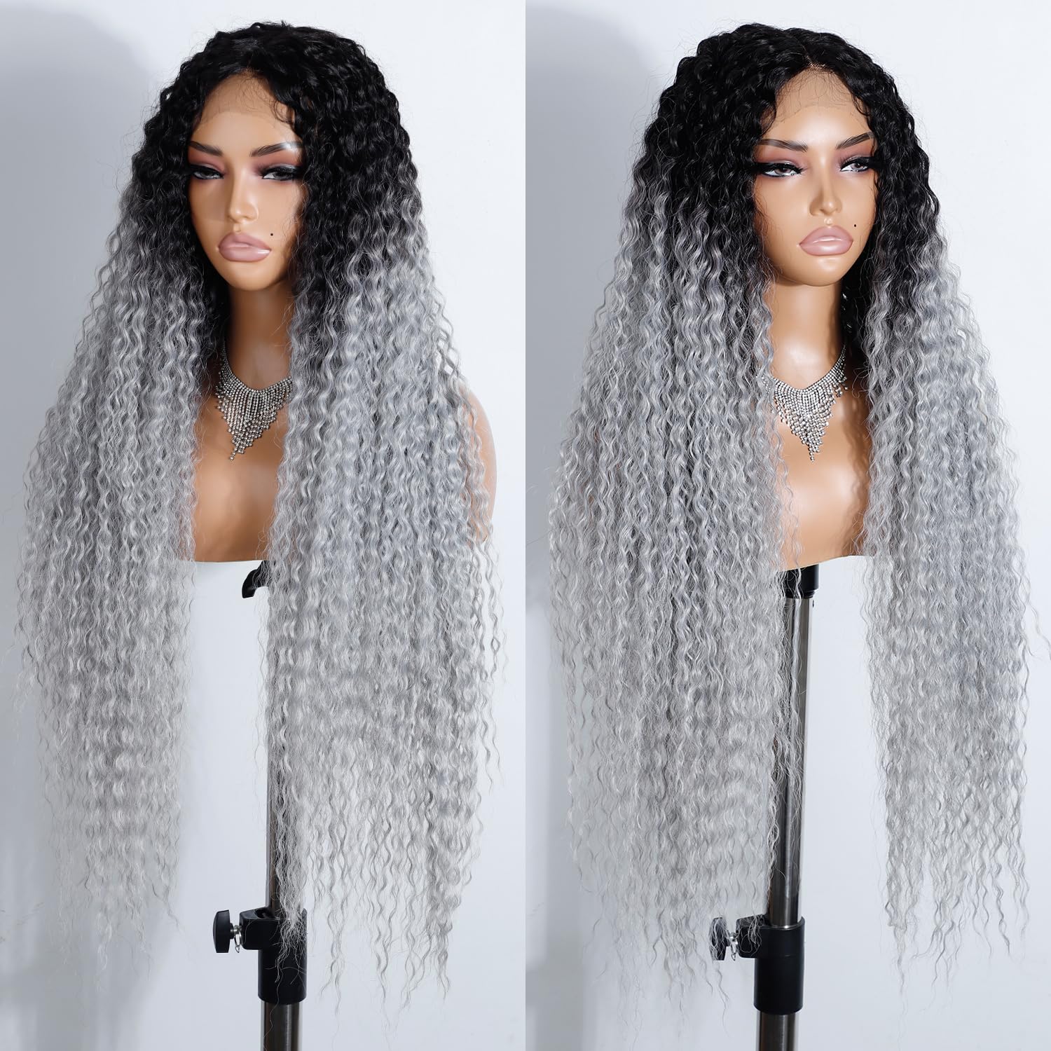 Style Icon Super Long Curly Synthetic Lace Front Wigs for Women 38 inch Ombre Gray T Part Lace Deep Wave Wigs Pre Plucked Hairline with Baby Hair (TT4/M.GREY)