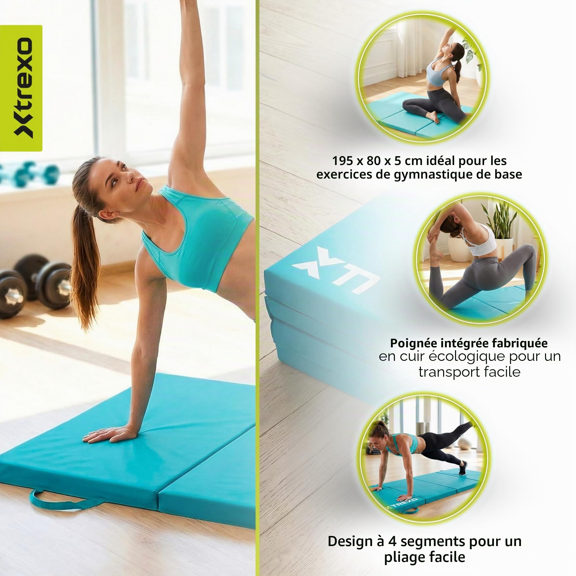 TREXO Tapis de gymnastique pliable - Tapis d'entraînement portable avec poignée, mousse EPE et revêtement en cuir synthétique